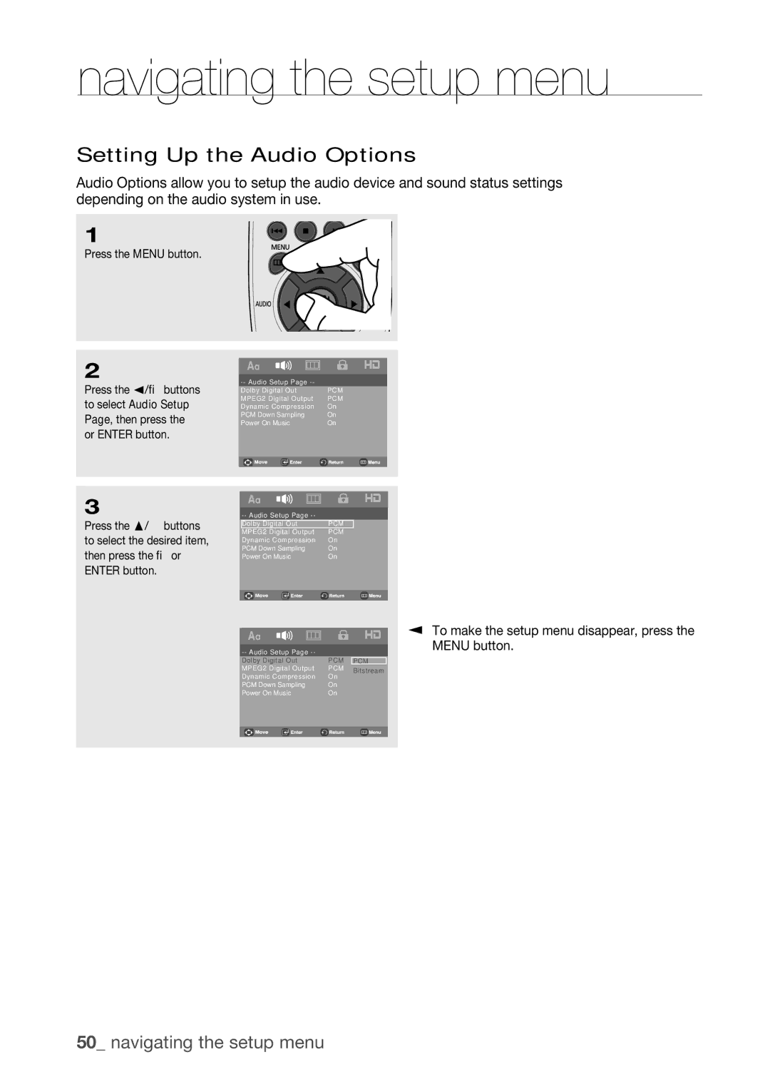 Samsung DVD-H1080W, DVD-H1080R user manual Setting Up the Audio Options 