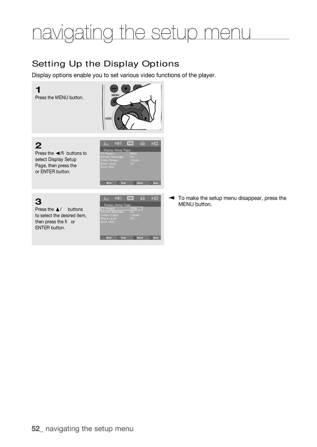 Samsung DVD-H1080W, DVD-H1080R user manual Setting Up the Display Options 