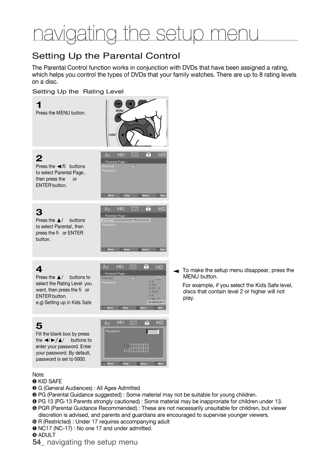 Samsung DVD-H1080W, DVD-H1080R user manual Setting Up the Parental Control, Setting Up the Rating Level 