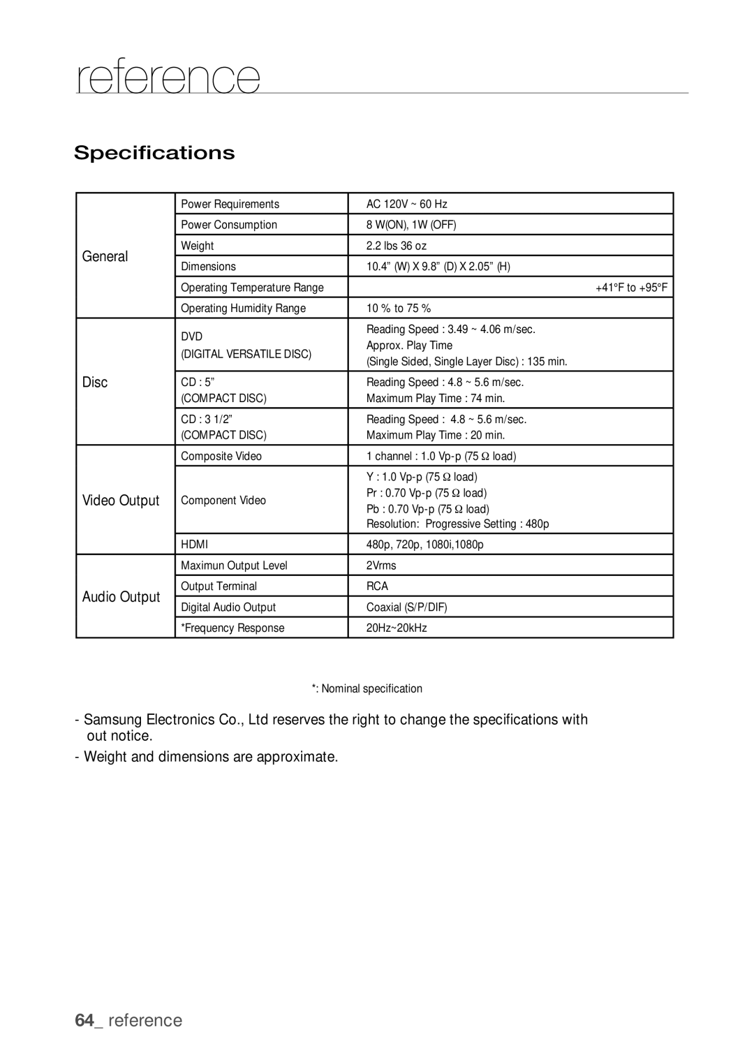 Samsung DVD-H1080W, DVD-H1080R user manual Specifications, General 