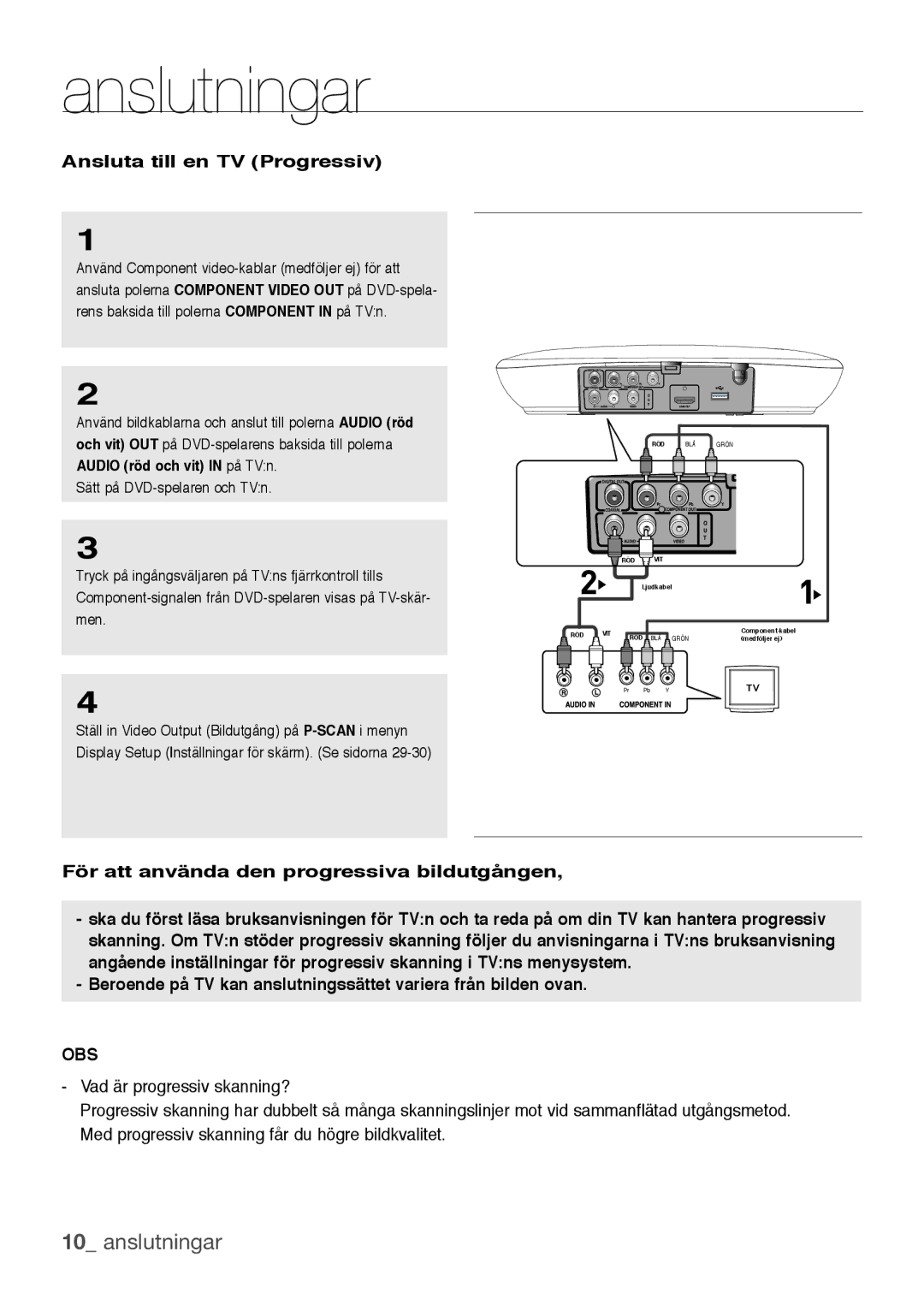 Samsung DVD-H1080W/XEE manual Anslutningar, Ansluta till en TV Progressiv, För att använda den progressiva bildutgången 