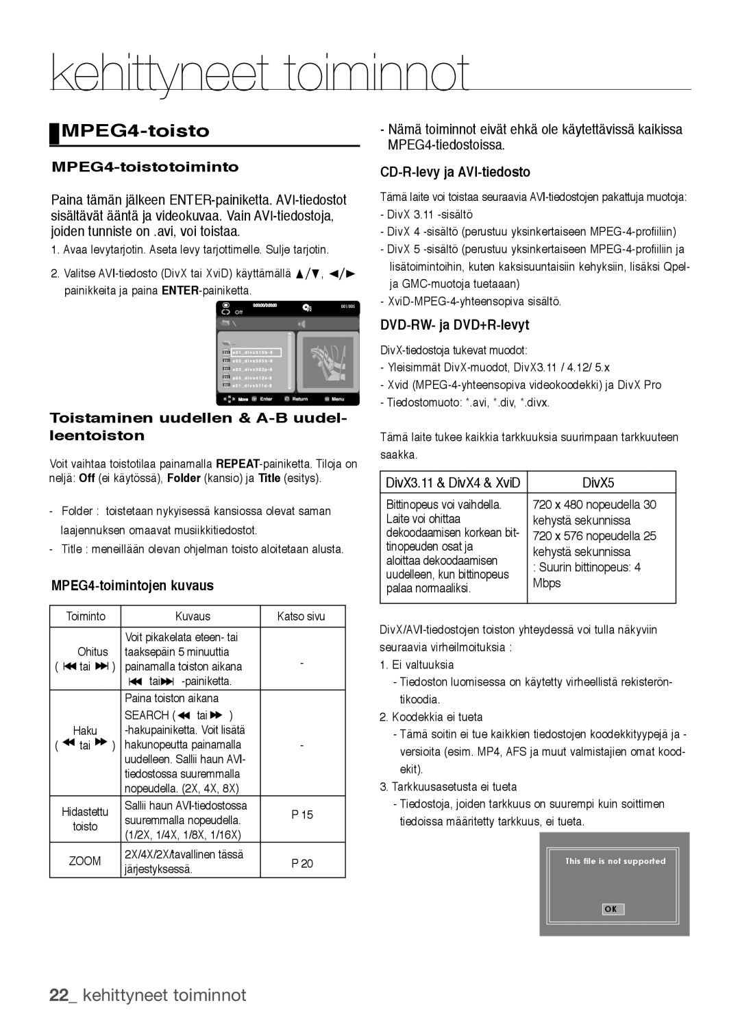 Samsung DVD-H1080W/XEE, DVD-H1080/XEE manual MPEG4-toisto 