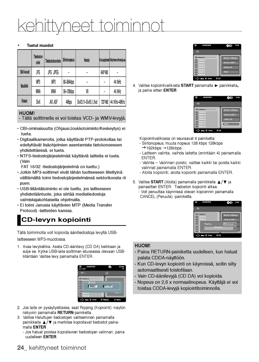 Samsung DVD-H1080W/XEE, DVD-H1080/XEE manual CD-levyn kopiointi, Still-kuvat Musiikki Videot, Tuetut muodot 