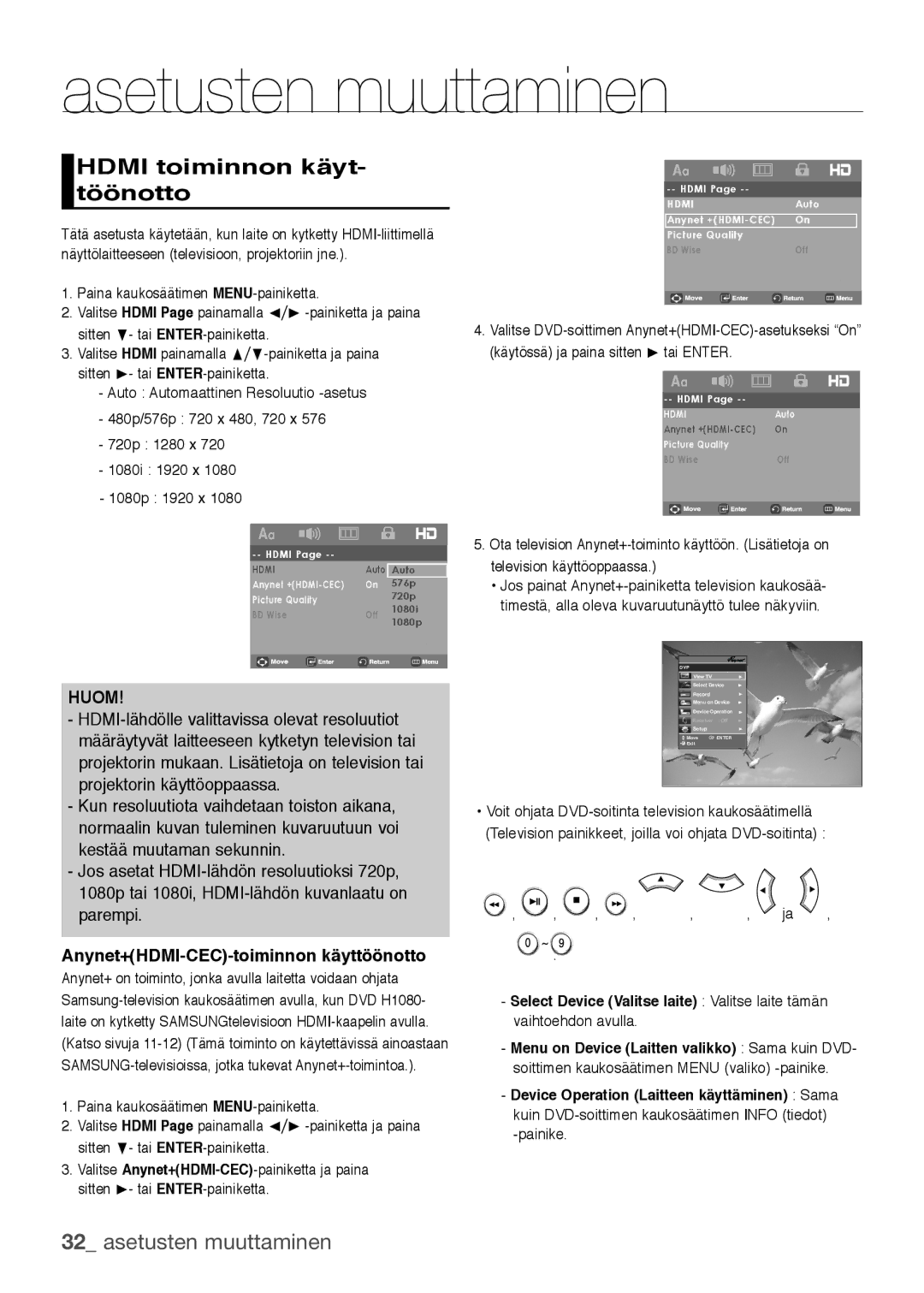 Samsung DVD-H1080W/XEE, DVD-H1080/XEE manual Hdmi toiminnon käyt- töönotto, Anynet+HDMI-CEC-toiminnon käyttöönotto 