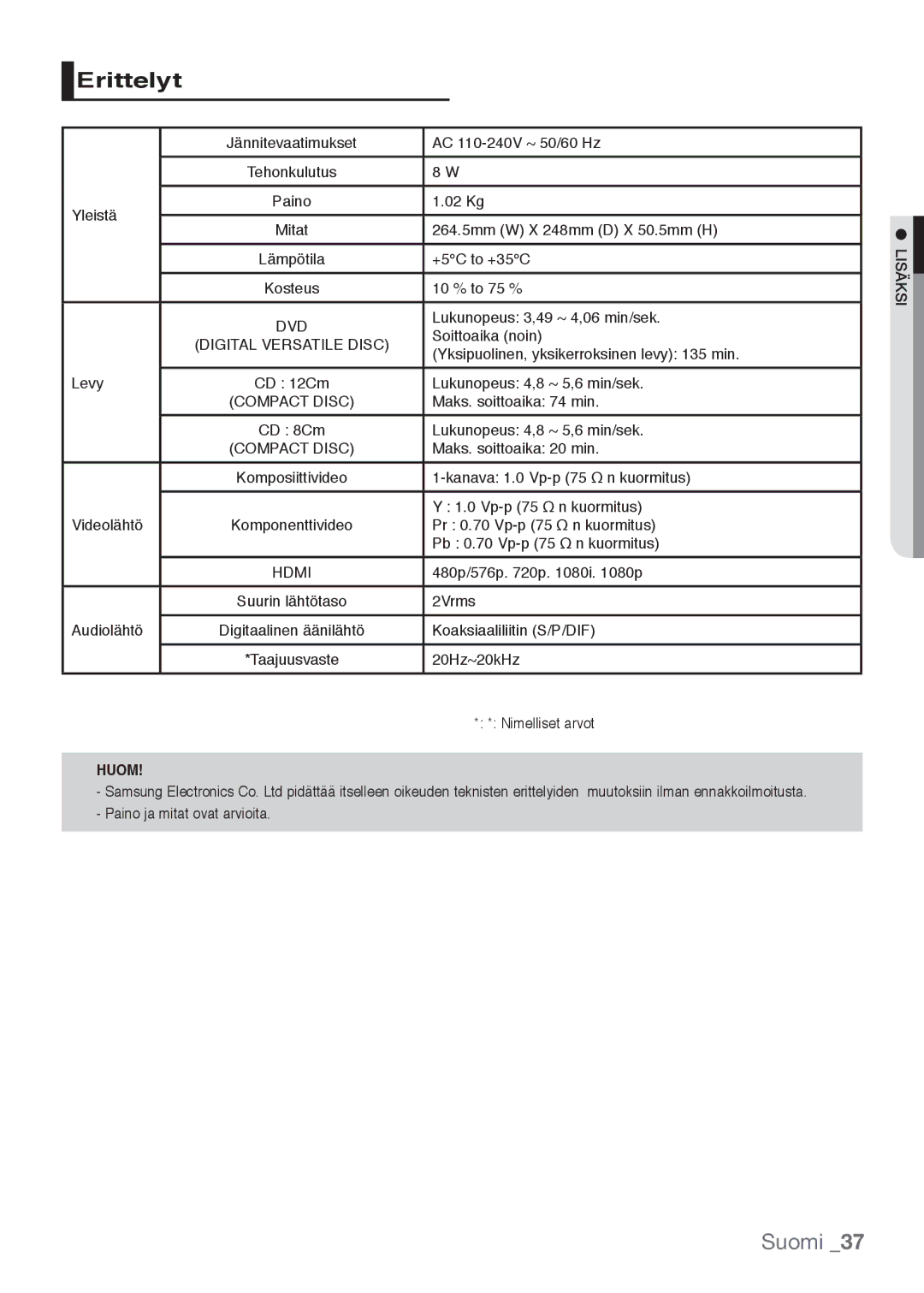 Samsung DVD-H1080/XEE, DVD-H1080W/XEE manual Erittelyt 