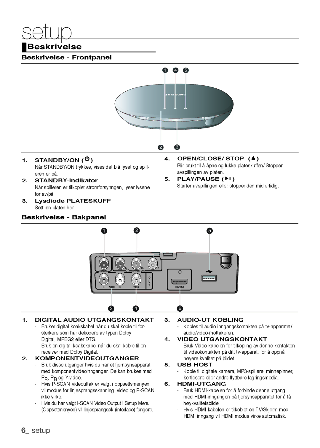 Samsung DVD-H1080/XEE Beskrivelse Frontpanel, Beskrivelse Bakpanel, Lysdiode Plateskuff Sett inn platen her, USB Host 