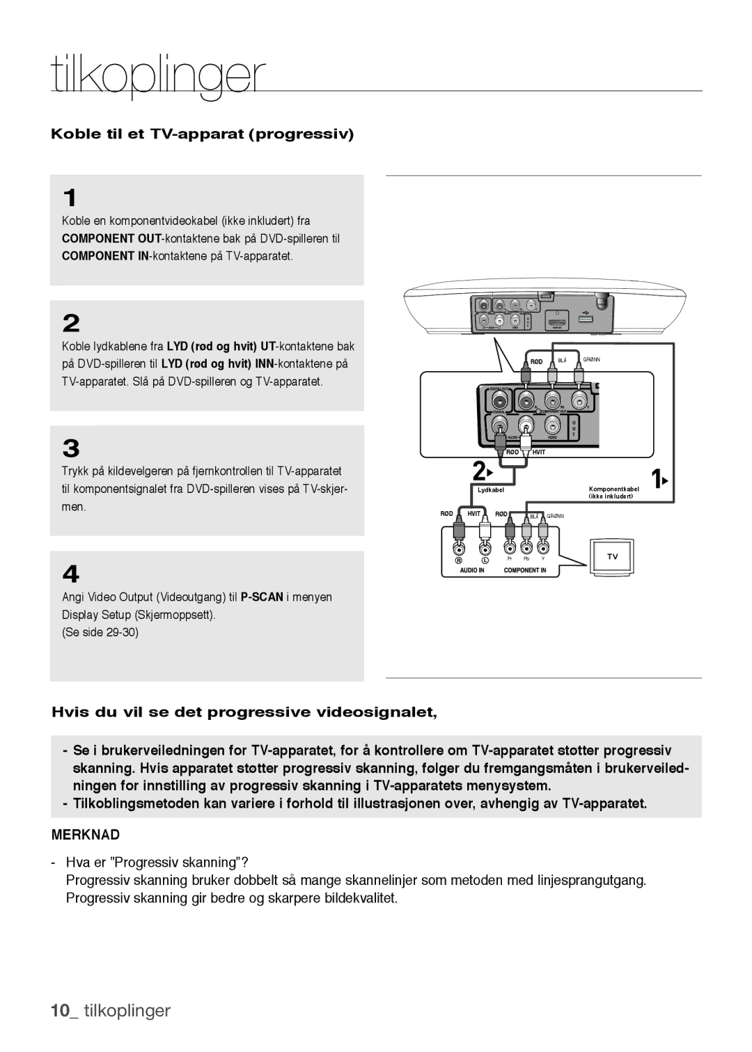 Samsung DVD-H1080/XEE manual Tilkoplinger, Koble til et TV-apparat progressiv, Hvis du vil se det progressive videosignalet 