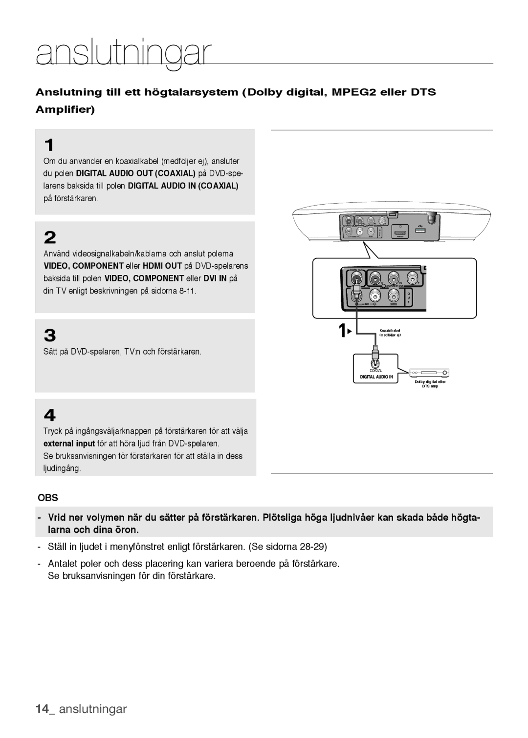 Samsung DVD-H1080W/XEE, DVD-H1080/XEE manual Koaxialkabel medföljer ej Dolby digital eller DTS amp 