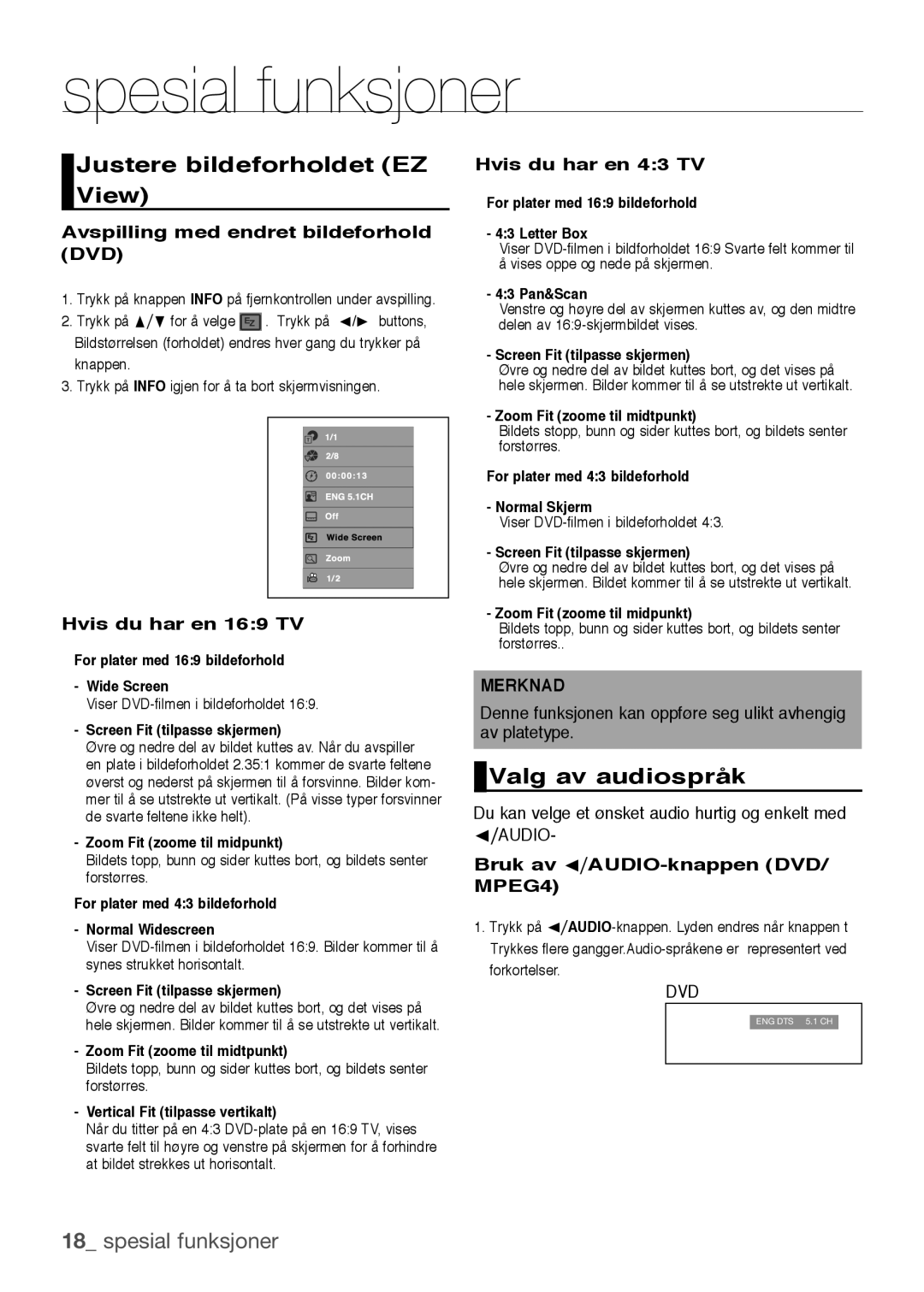 Samsung DVD-H1080/XEE, DVD-H1080W/XEE manual Spesial funksjoner, Justere bildeforholdet EZ View, Valg av audiospråk 