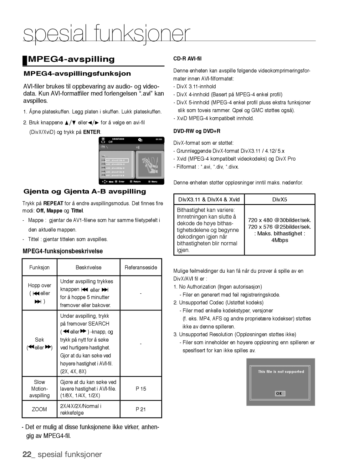 Samsung DVD-H1080/XEE manual MPEG4-avspillingsfunksjon, Gjenta og Gjenta A-B avspilling, MPEG4-funksjonsbeskrivelse 