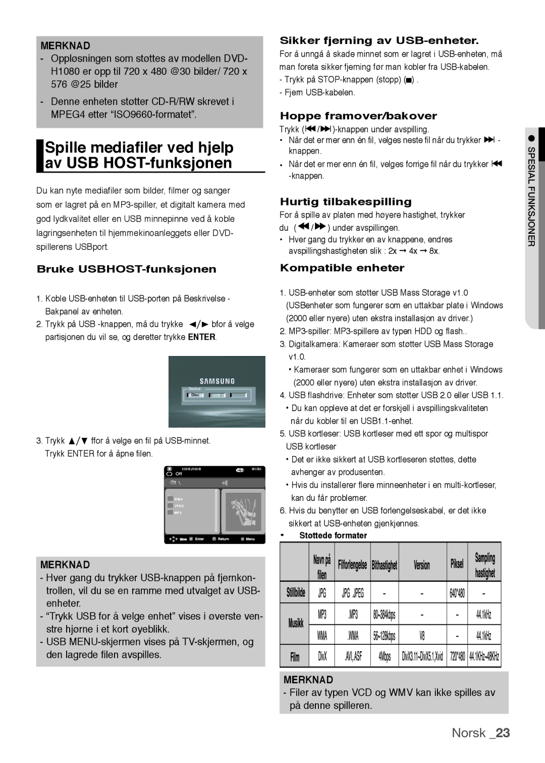 Samsung DVD-H1080W/XEE, DVD-H1080/XEE Bruke USBHOST-funksjonen, Sikker fjerning av USB-enheter, Hoppe framover/bakover 