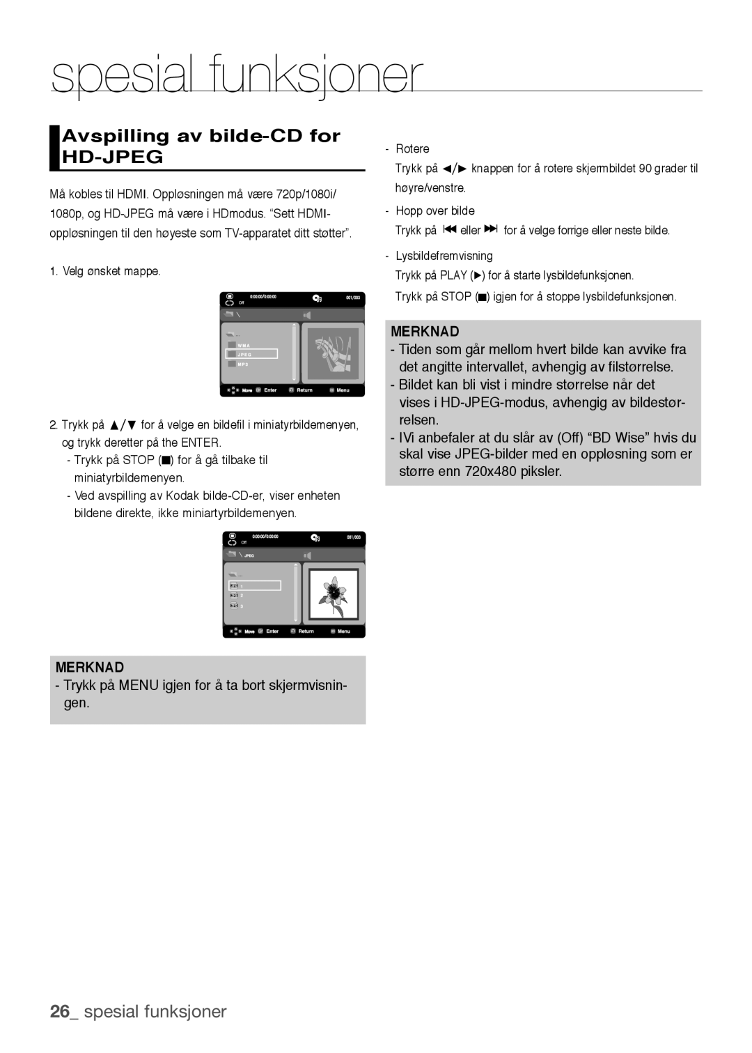 Samsung DVD-H1080/XEE, DVD-H1080W/XEE manual Avspilling av bilde-CD for, Trykk på Menu igjen for å ta bort skjermvisnin- gen 