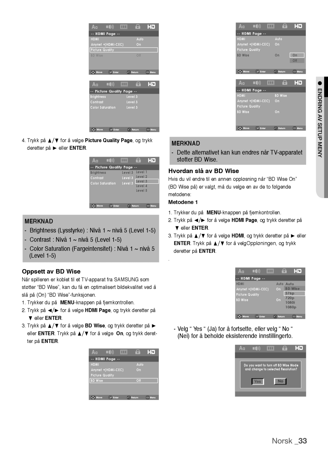 Samsung DVD-H1080W/XEE, DVD-H1080/XEE manual Oppsett av BD Wise, Hvordan slå av BD Wise, Metodene 