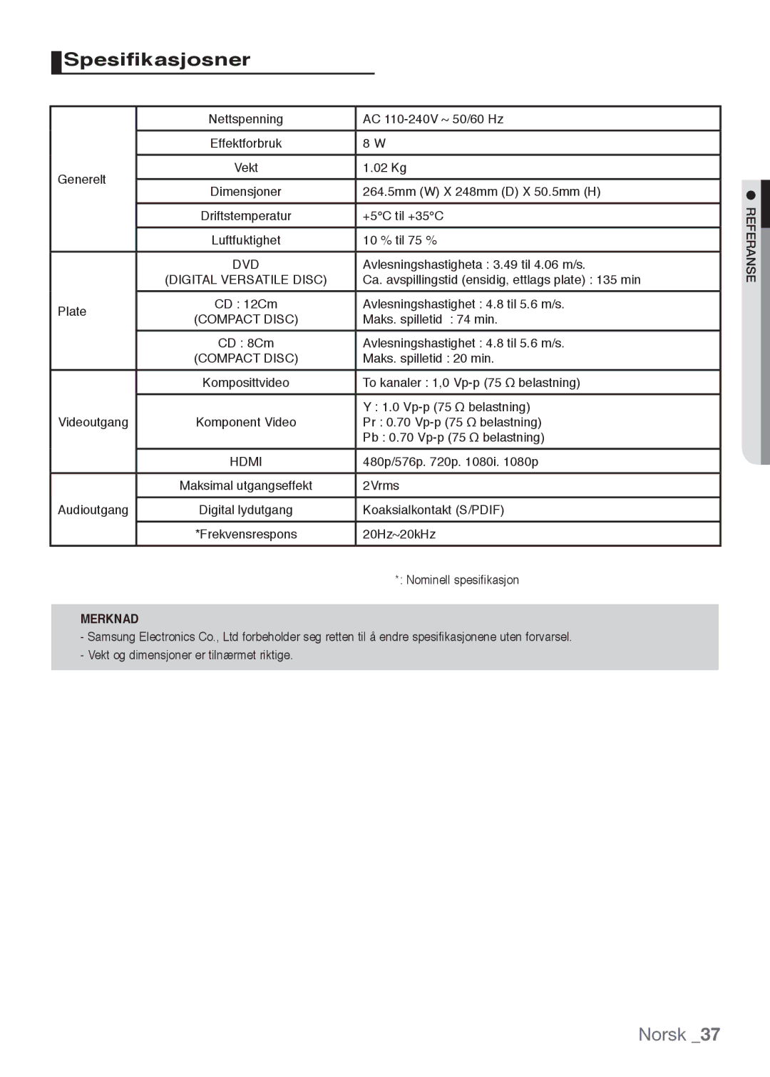 Samsung DVD-H1080W/XEE, DVD-H1080/XEE manual Spesifikasjosner 