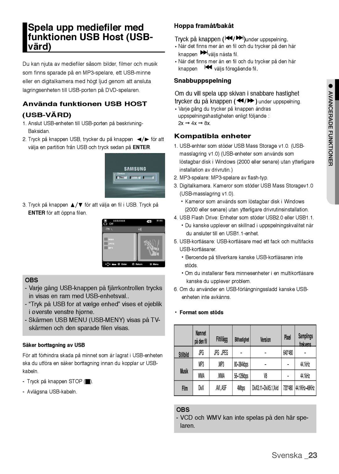 Samsung DVD-H1080/XEE manual Använda funktionen USB Host USB-VÄRD, Hoppa framåt/bakåt, Snabbuppspelning, Kompatibla enheter 