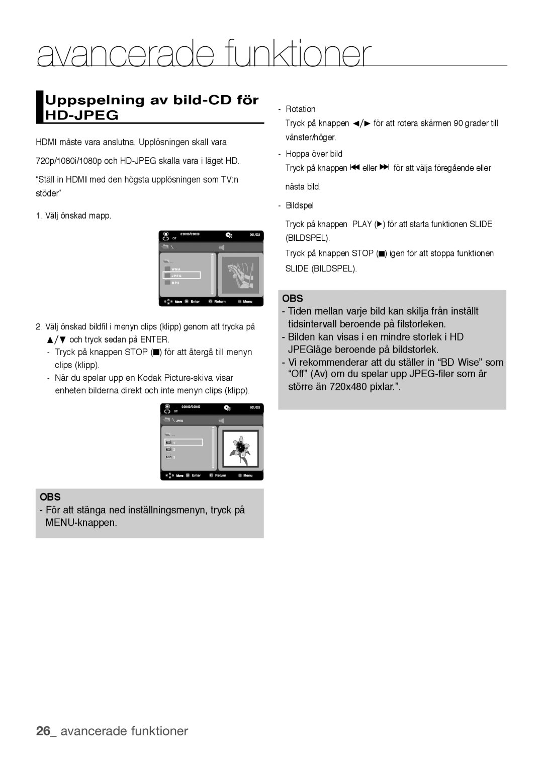 Samsung DVD-H1080W/XEE manual Uppspelning av bild-CD för, För att stänga ned inställningsmenyn, tryck på MENU-knappen 