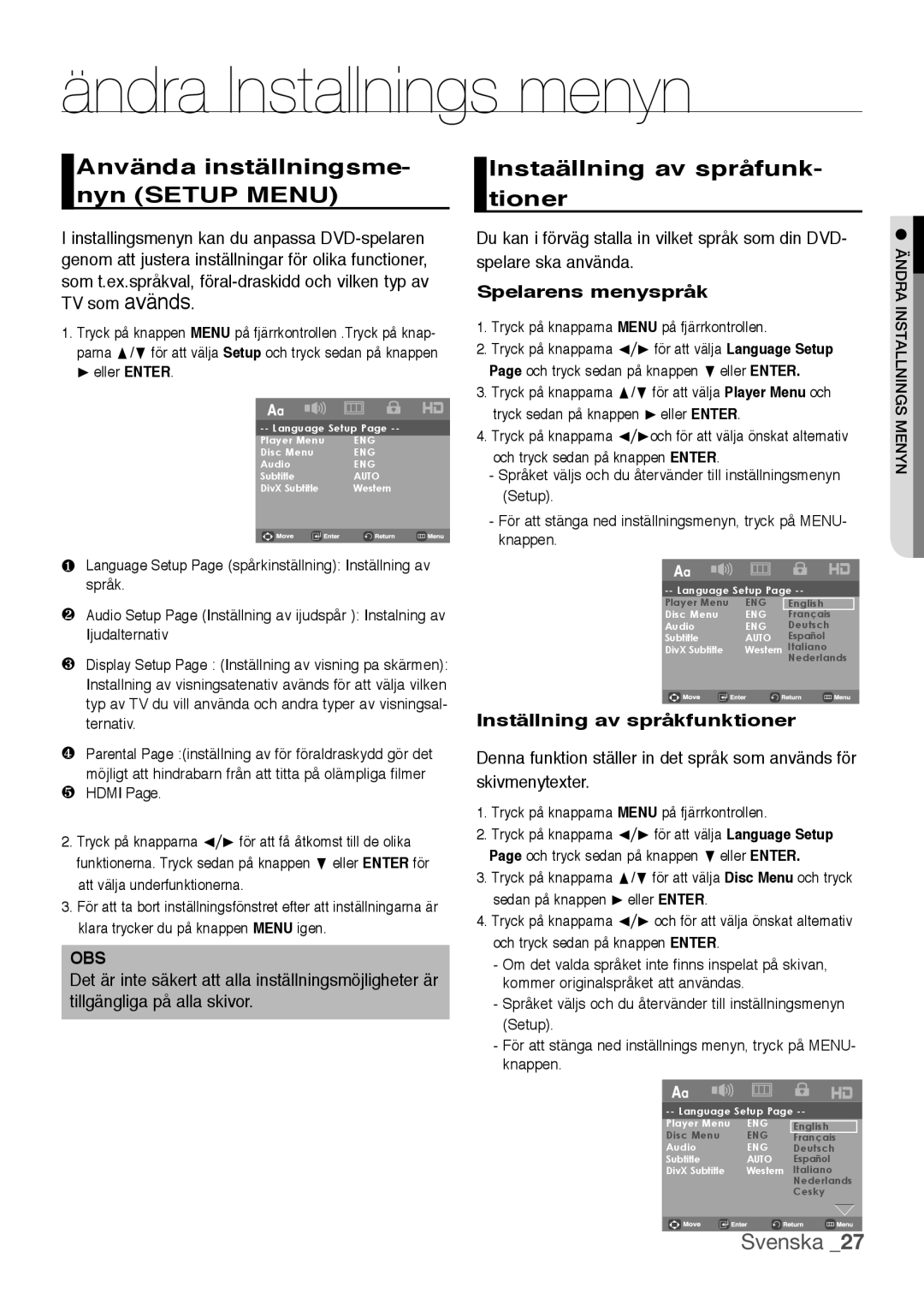 Samsung DVD-H1080/XEE Ändra Installnings menyn, Använda inställningsme- nyn SETUP MENU, Instaällning av språfunk- tioner 