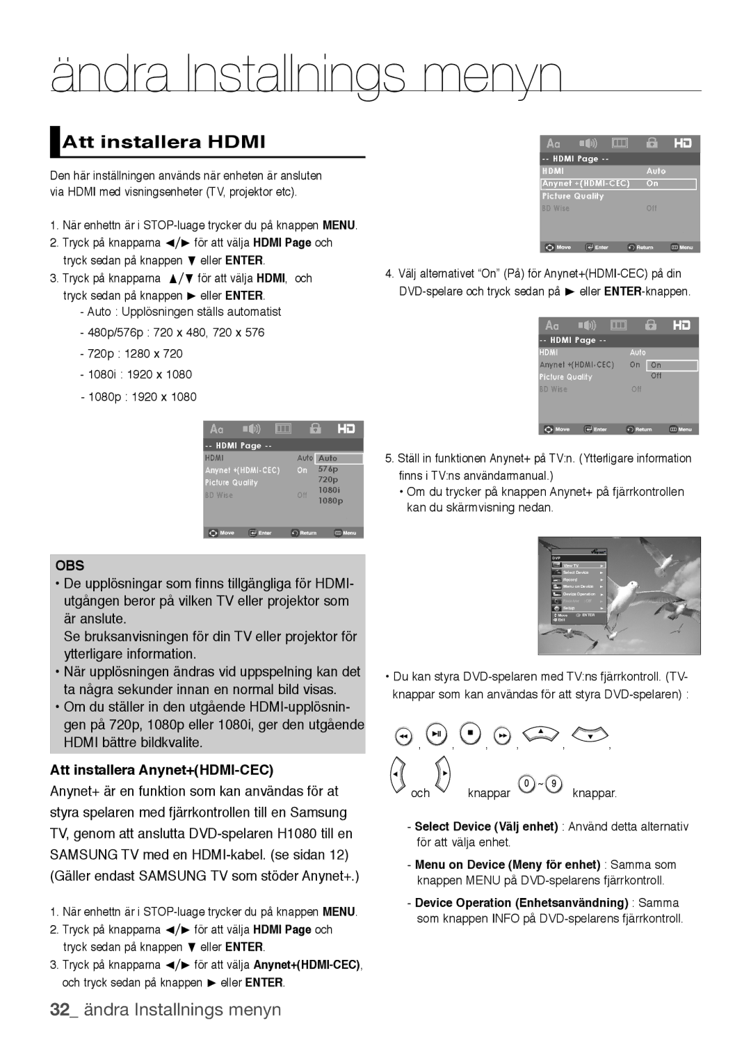 Samsung DVD-H1080W/XEE manual Att installera Hdmi, 32 ändra Installnings menyn, Att installera Anynet+HDMI-CEC, Och Knappar 