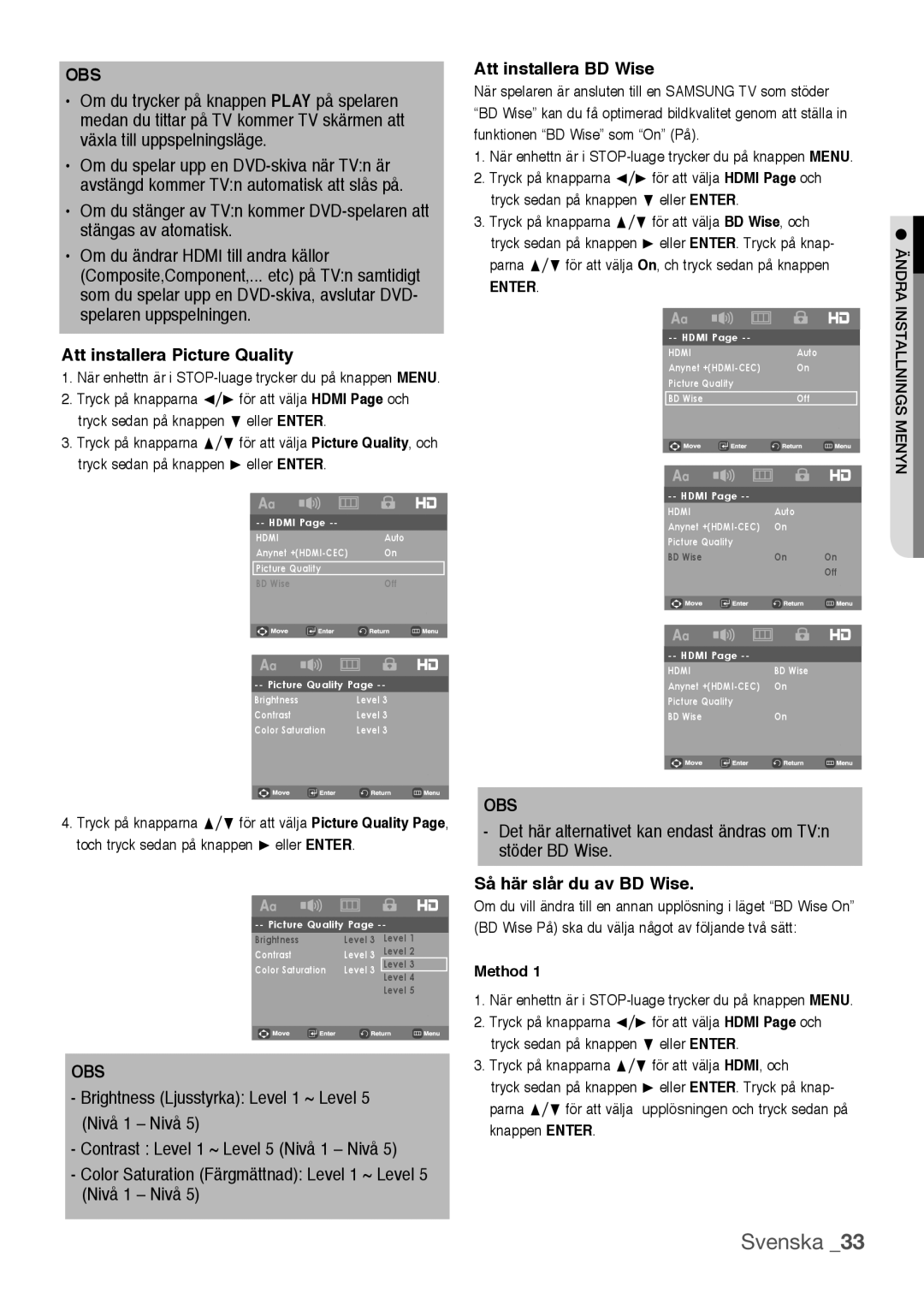 Samsung DVD-H1080/XEE manual Att installera Picture Quality, Att installera BD Wise, Så här slår du av BD Wise, Method 