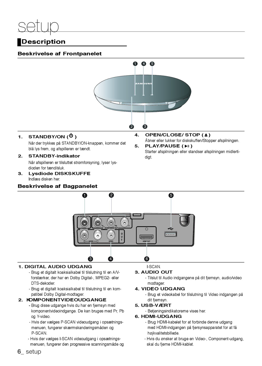 Samsung DVD-H1080/XEE, DVD-H1080W/XEE manual Description, Beskrivelse af Frontpanelet, Beskrivelse af Bagpanelet 