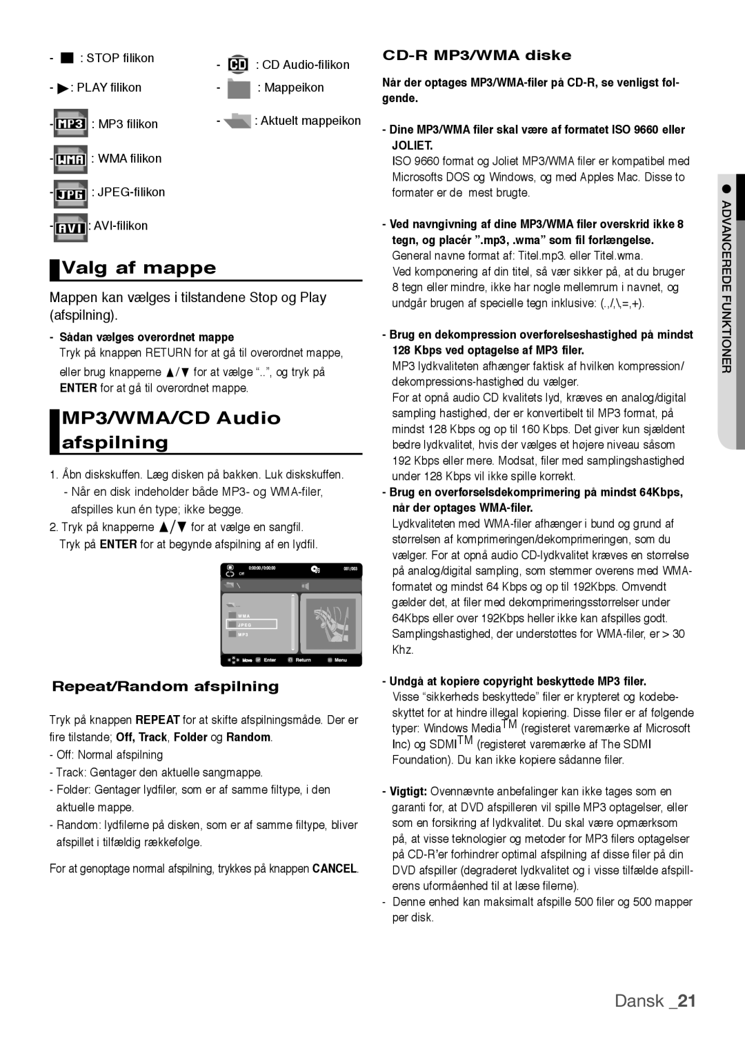 Samsung DVD-H1080W/XEE Valg af mappe, MP3/WMA/CD Audio afspilning, Mappen kan vælges i tilstandene Stop og Play afspilning 