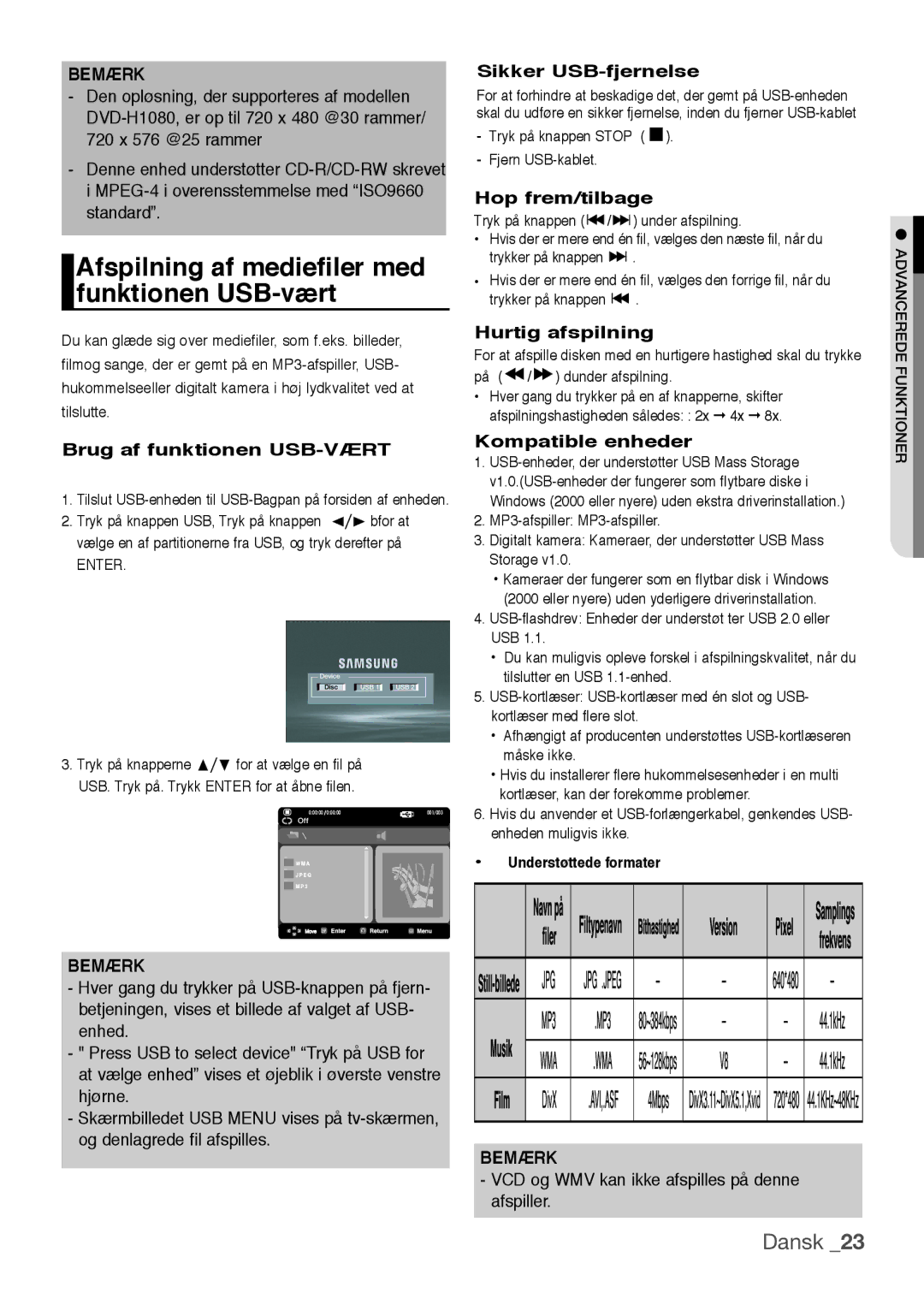 Samsung DVD-H1080W/XEE manual Brug af funktionen USB-VÆRT, Sikker USB-fjernelse, Hop frem/tilbage, Hurtig afspilning 