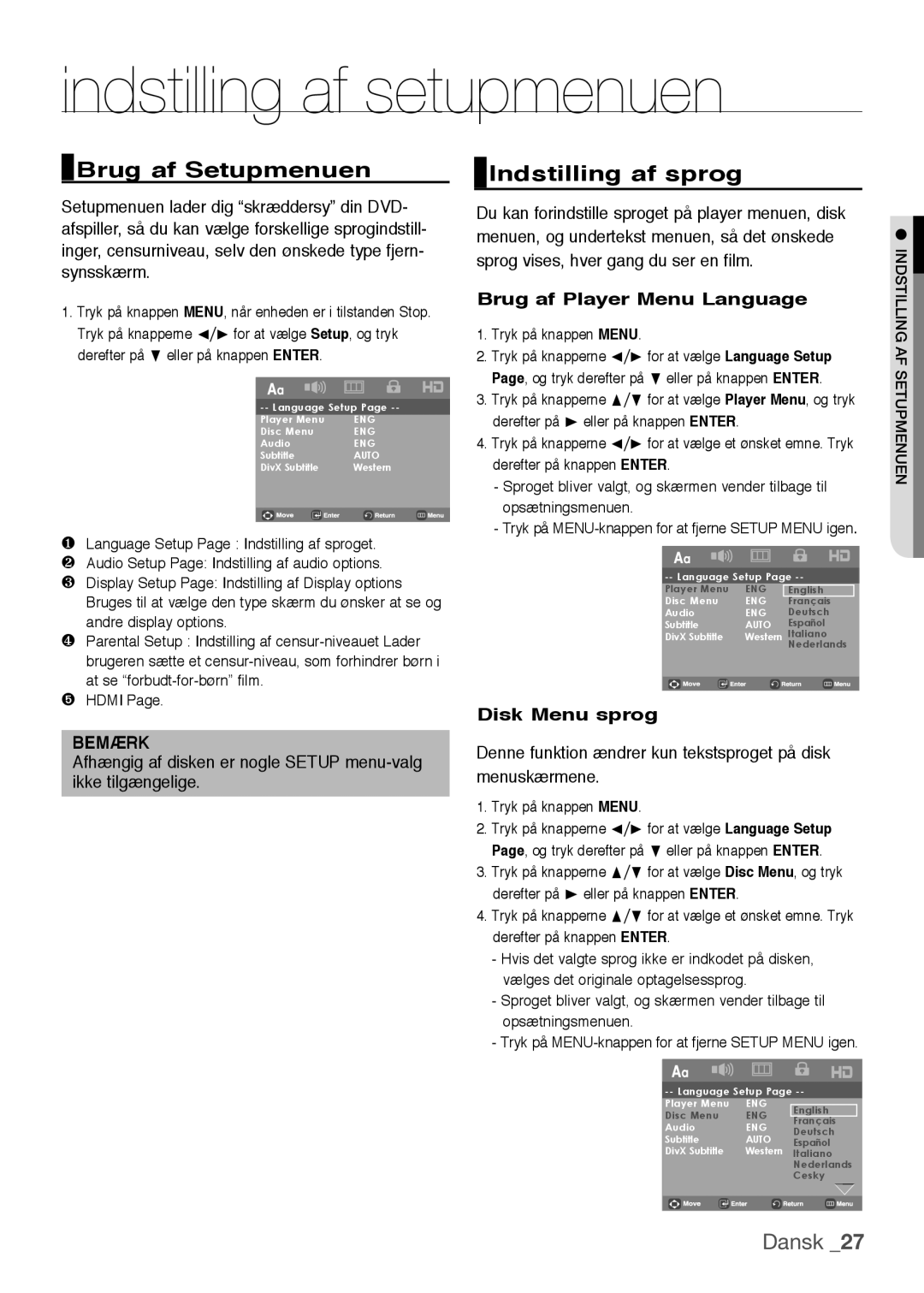 Samsung DVD-H1080W/XEE Indstilling af setupmenuen, Brug af Setupmenuen, Indstilling af sprog, Brug af Player Menu Language 