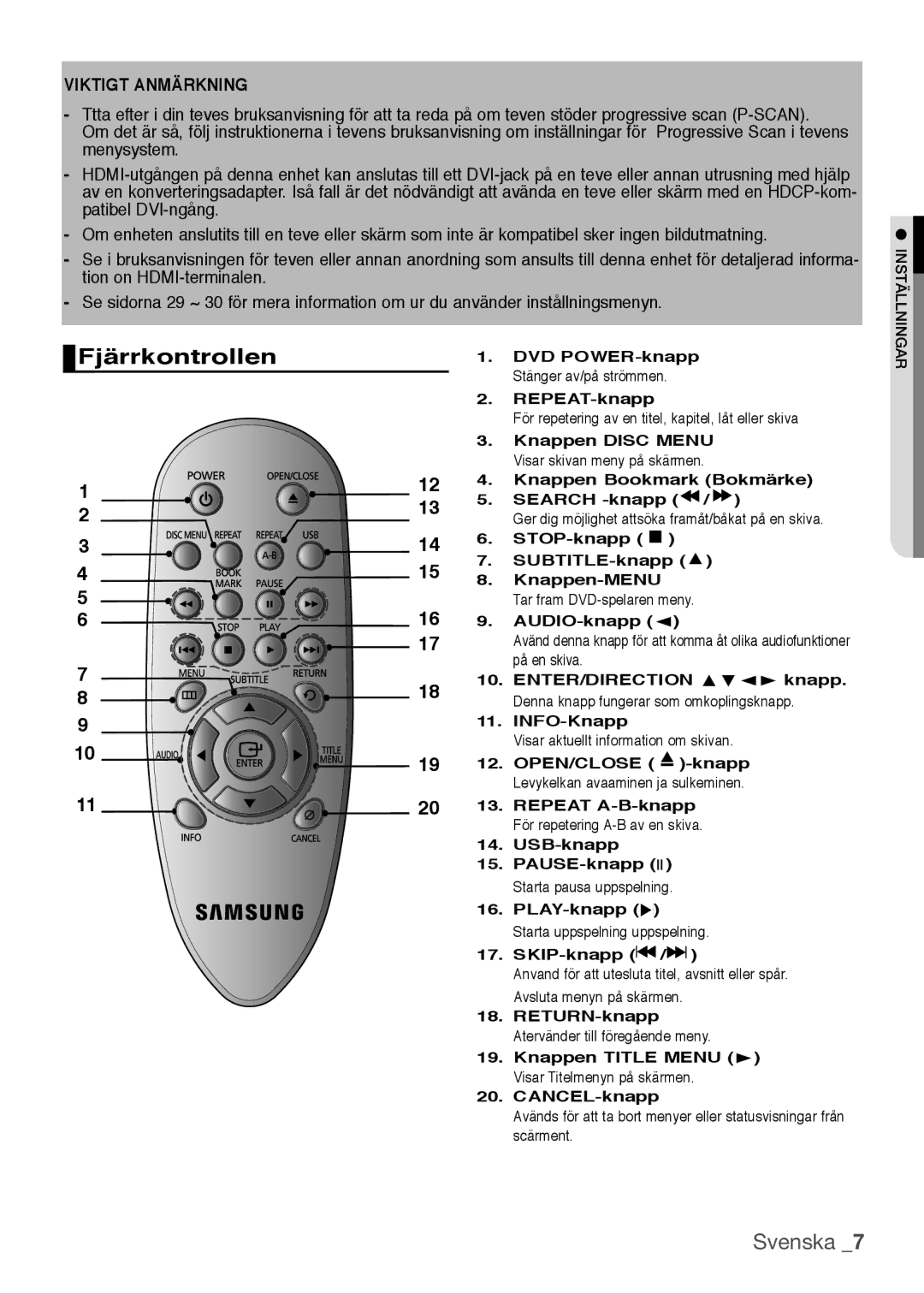 Samsung DVD-H1080/XEE Fjärrkontrollen, DVD POWER-knapp Stänger av/på strömmen REPEAT-knapp, AUDIO-knapp √, SKIP-knapp 