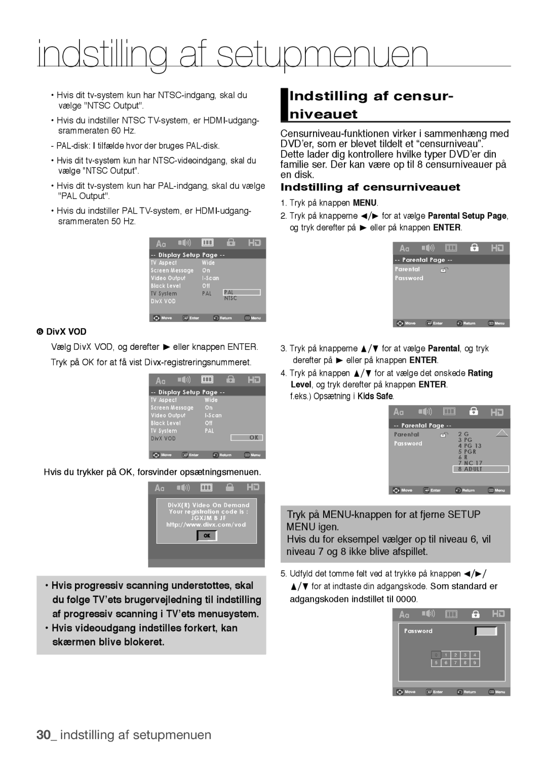 Samsung DVD-H1080/XEE manual Indstilling af censur- niveauet, Indstilling af censurniveauet, Eks. Opsætning i Kids Safe 