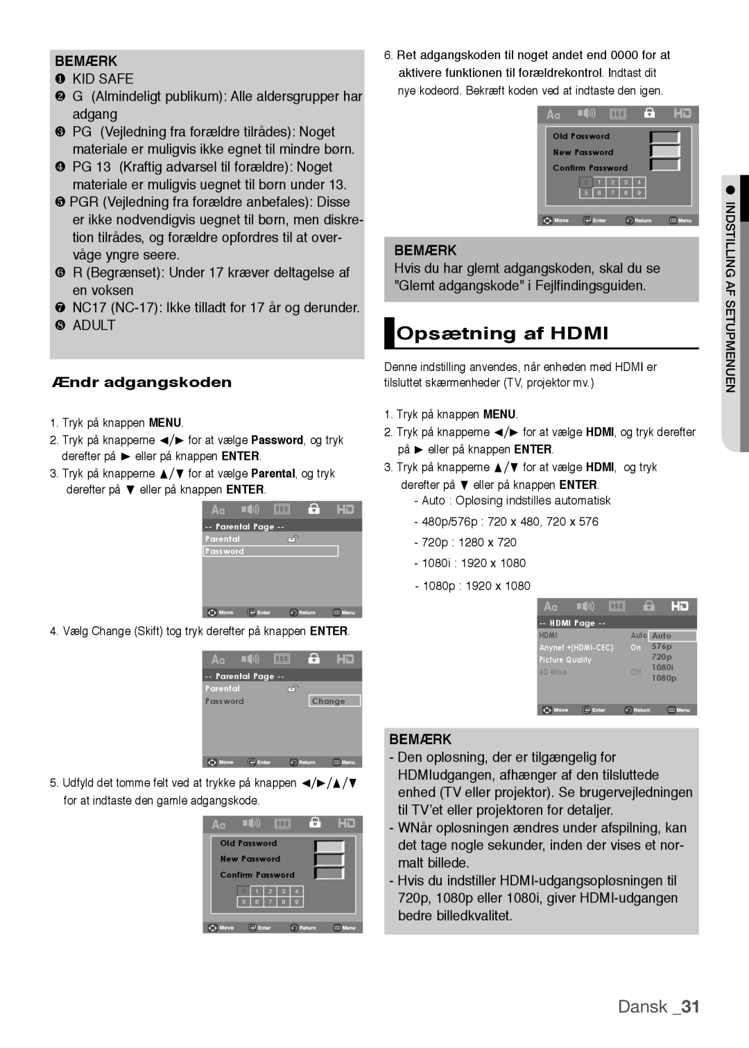 Samsung DVD-H1080W/XEE, DVD-H1080/XEE manual Opsætning af Hdmi, Ændr adgangskoden 