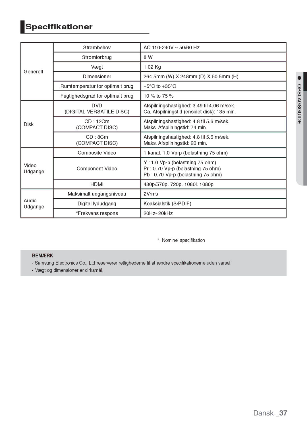 Samsung DVD-H1080W/XEE, DVD-H1080/XEE manual Specifikationer 