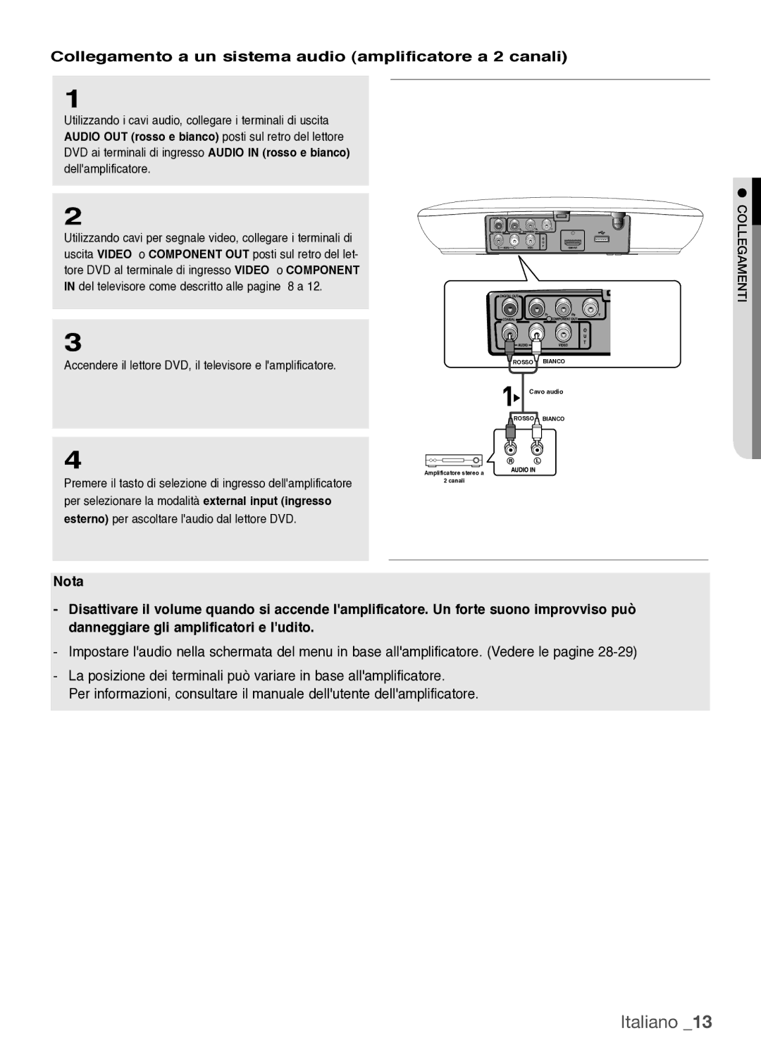 Samsung DVD-H1080/XET manual Collegamento a un sistema audio amplificatore a 2 canali 