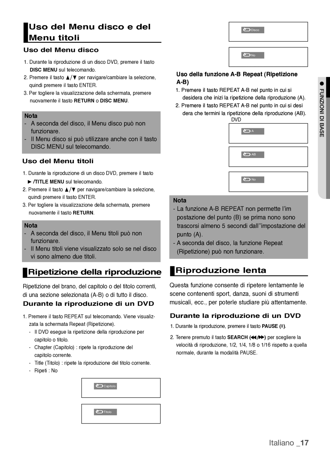 Samsung DVD-H1080/XET manual Uso del Menu disco e del Menu titoli, Ripetizione della riproduzione, Riproduzione lenta 