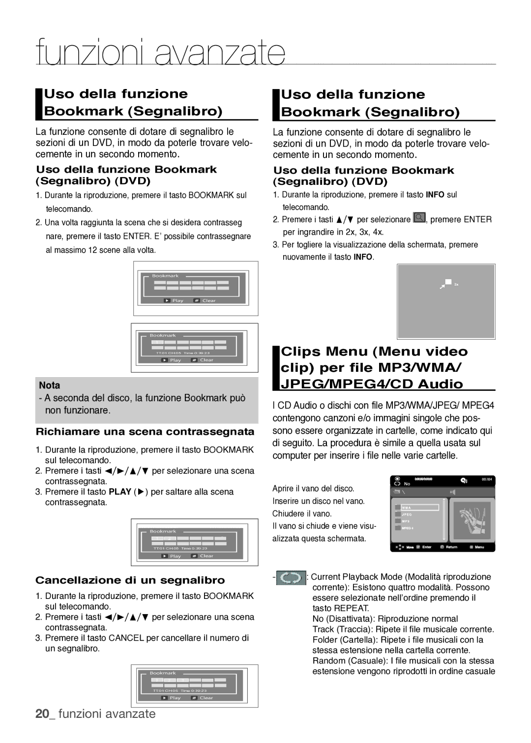 Samsung DVD-H1080/XET manual Uso della funzione Bookmark Segnalibro, Clip per file MP3/WMA, JPEG/MPEG4/CD Audio 