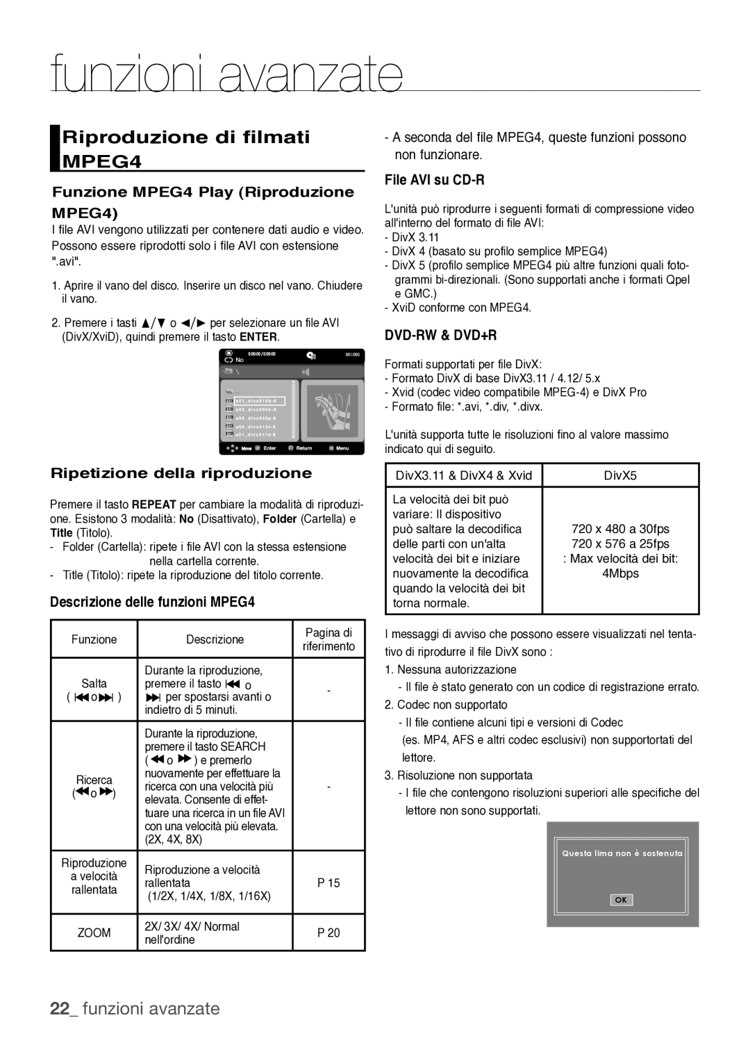 Samsung DVD-H1080/XET manual Riproduzione di filmati MPEG4, Funzione MPEG4 Play Riproduzione MPEG4, File AVI su CD-R 