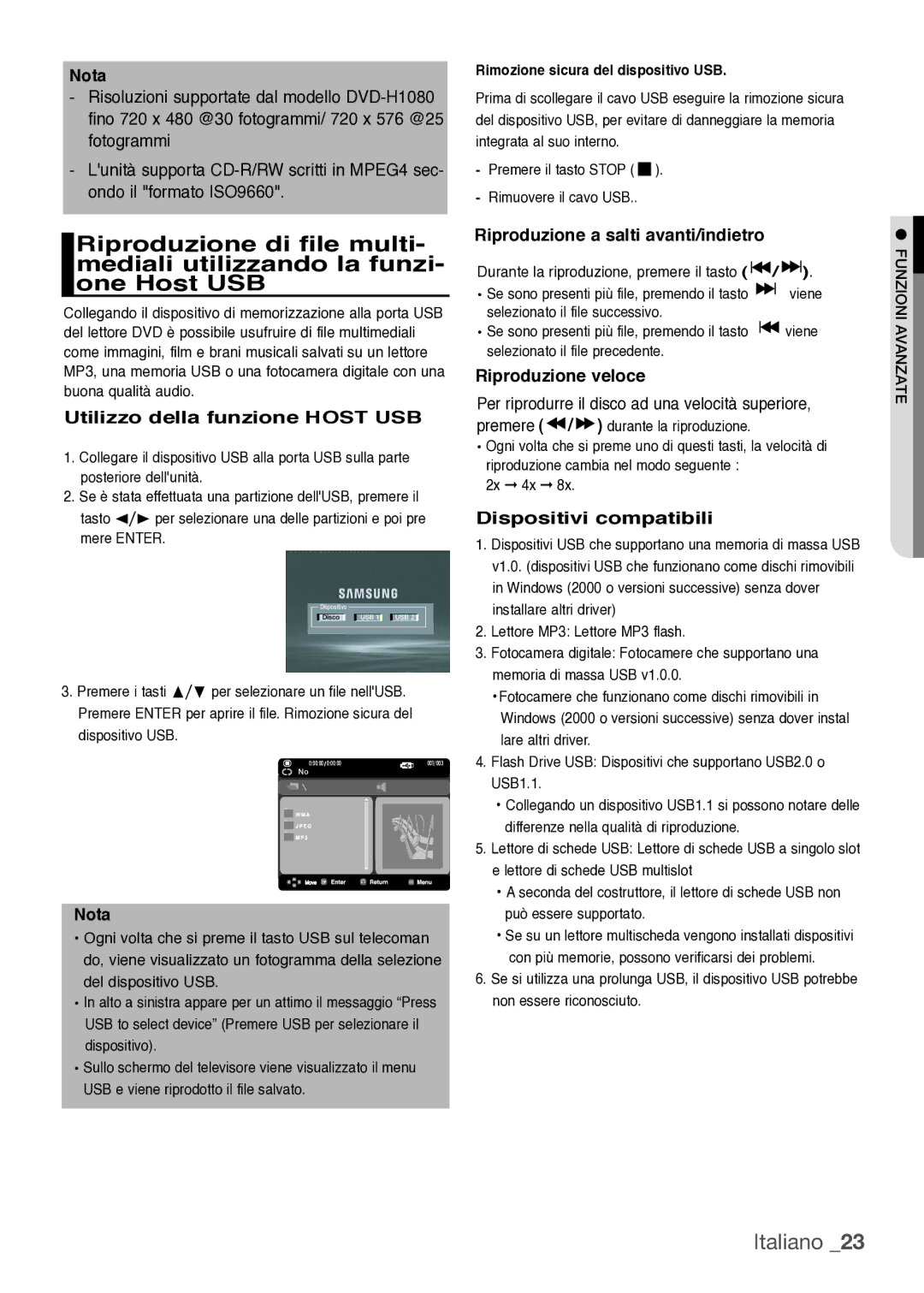 Samsung DVD-H1080/XET manual Utilizzo della funzione Host USB, Riproduzione a salti avanti/indietro, Riproduzione veloce 