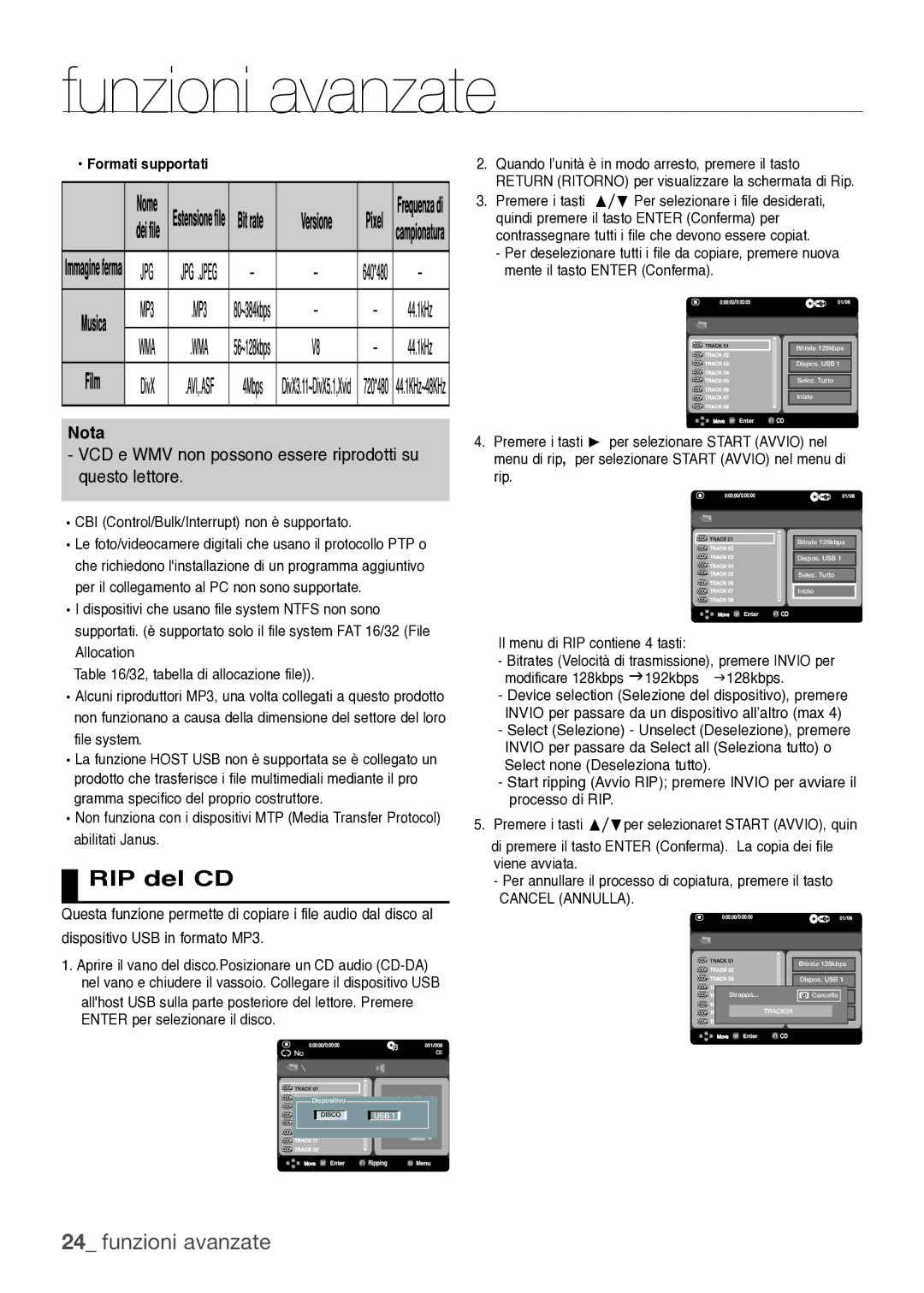 Samsung DVD-H1080/XET manual RIP del CD, CBI Control/Bulk/Interrupt non è supportato, Il menu di RIP contiene 4 tasti 