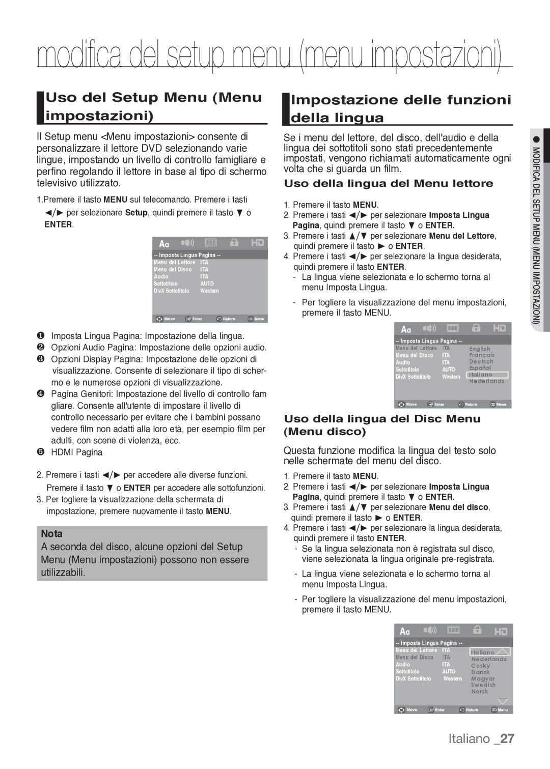 Samsung DVD-H1080/XET manual Uso del Setup Menu Menu impostazioni, Impostazione delle funzioni della lingua, Enter 