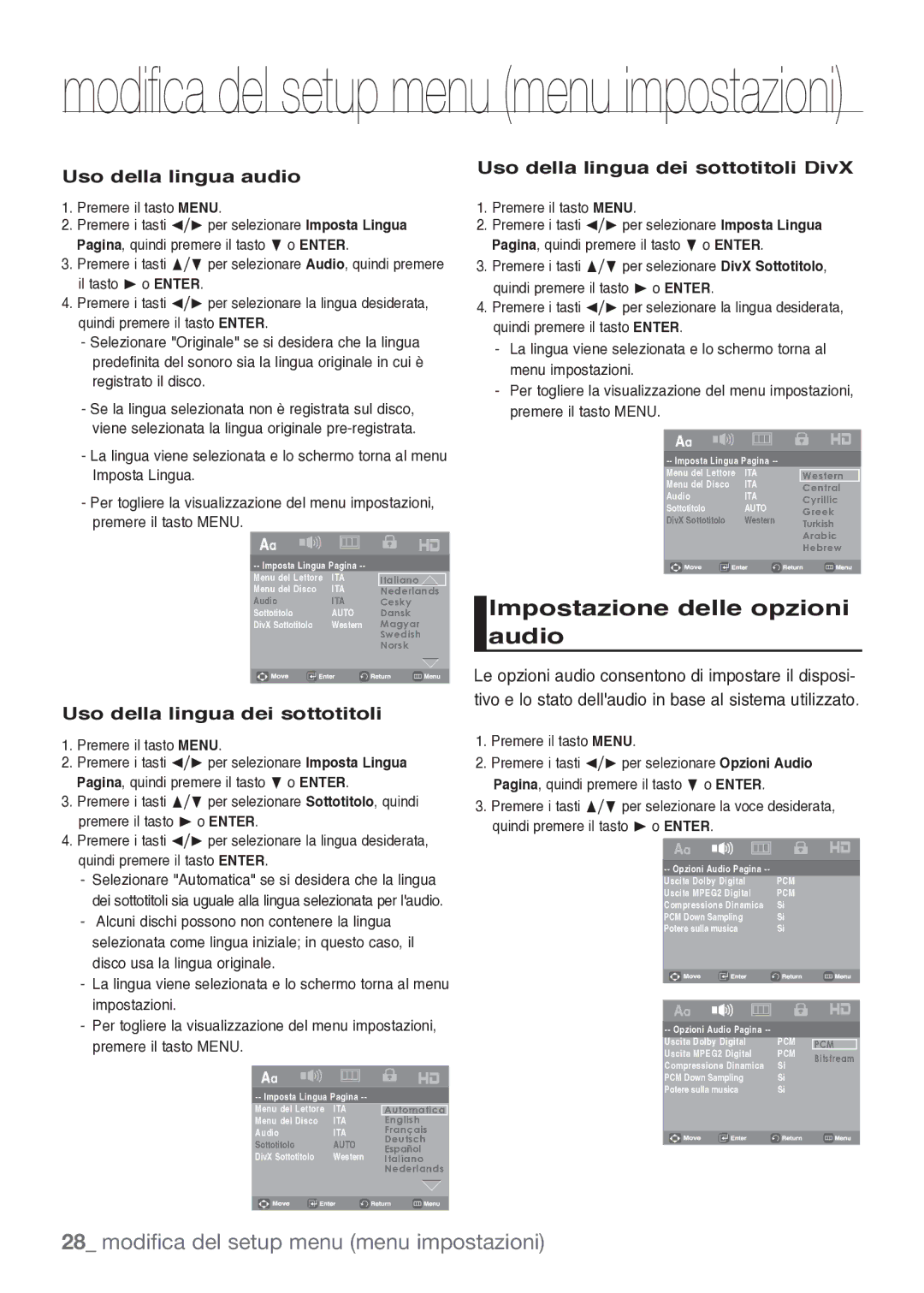 Samsung DVD-H1080/XET manual Impostazione delle opzioni audio, Uso della lingua audio, Uso della lingua dei sottotitoli 