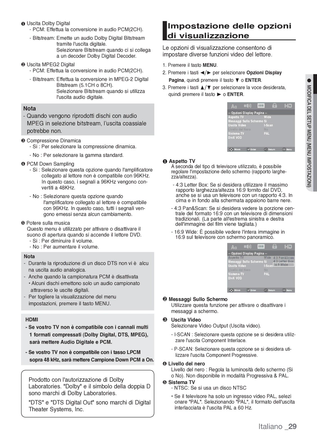 Samsung DVD-H1080/XET manual Impostazione delle opzioni di visualizzazione 