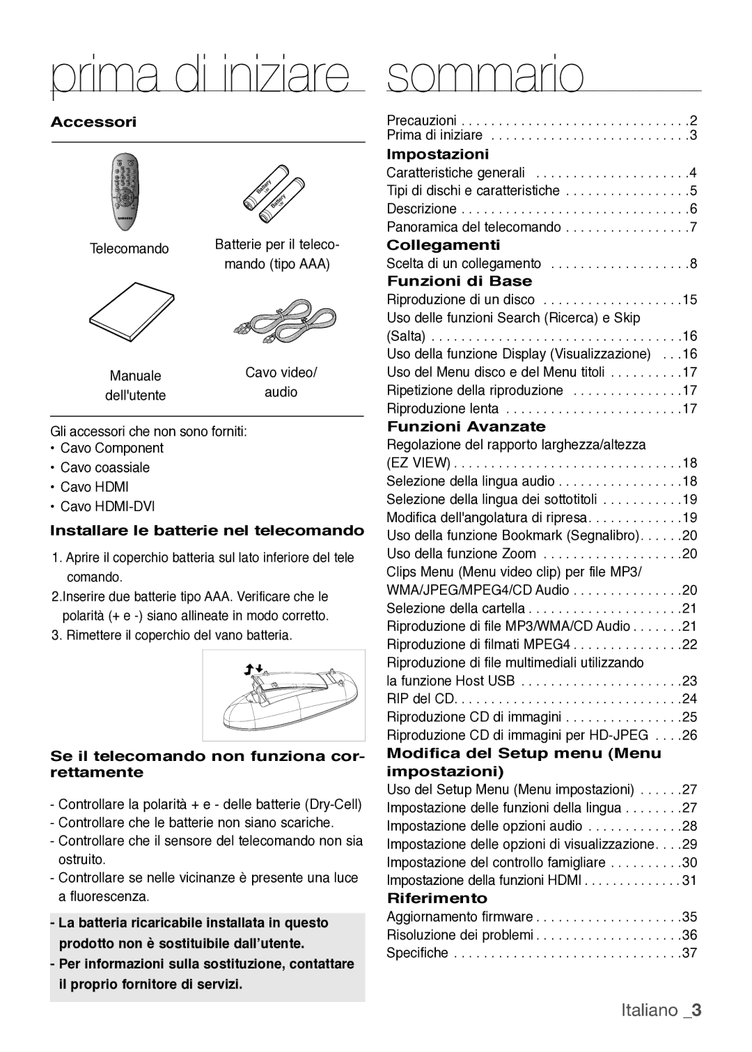 Samsung DVD-H1080/XET manual Sommario 