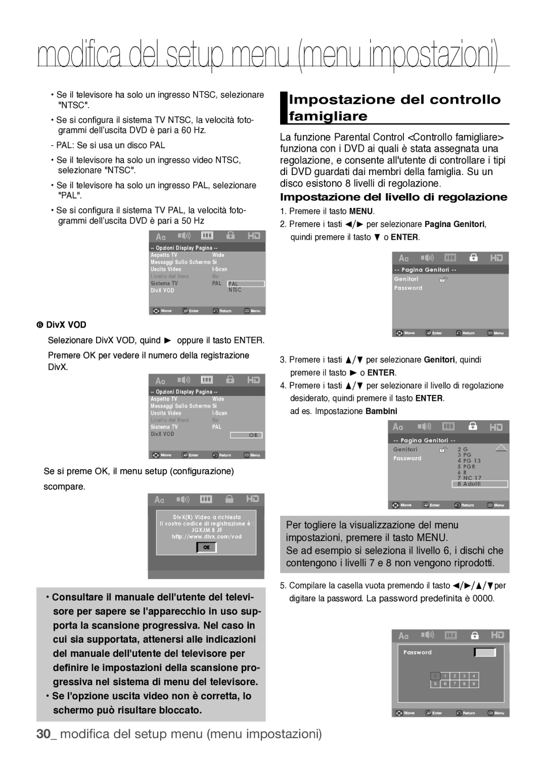 Samsung DVD-H1080/XET manual Impostazione del controllo famigliare, Š DivX VOD 