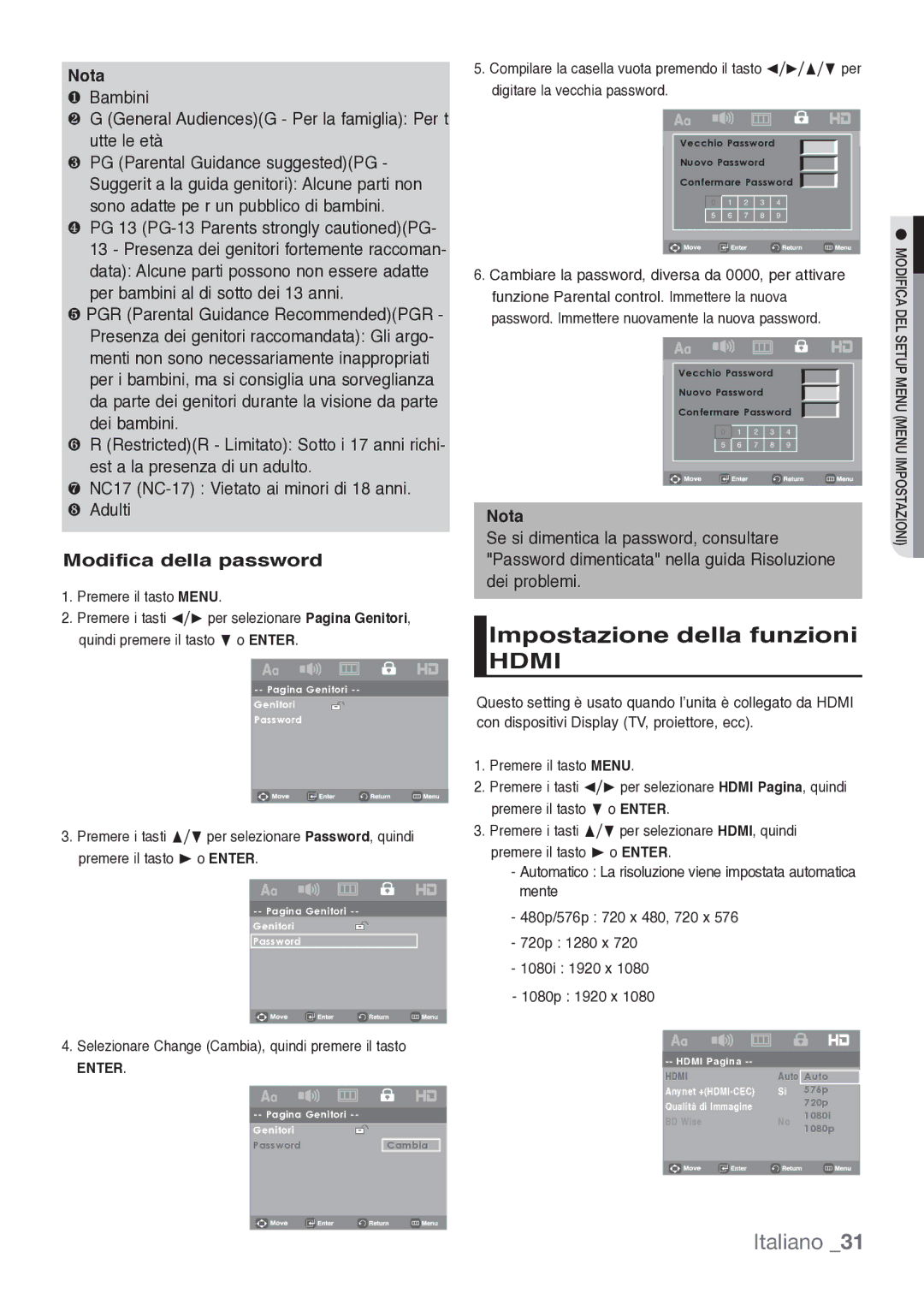 Samsung DVD-H1080/XET manual Impostazione della funzioni, Modifica della password 