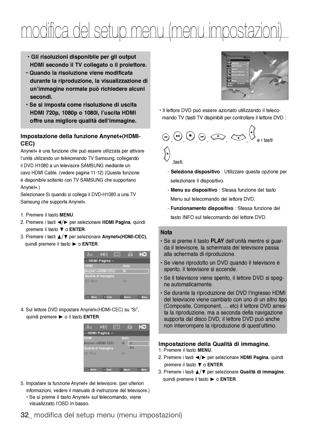 Samsung DVD-H1080/XET manual Impostazione della funzione Anynet+HDMI- CEC, Impostazione della Qualità di immagine 