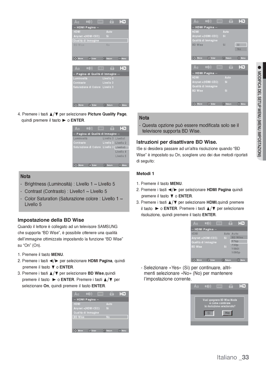 Samsung DVD-H1080/XET manual Impostazione della BD Wise, Istruzioni per disattivare BD Wise, Metodi 