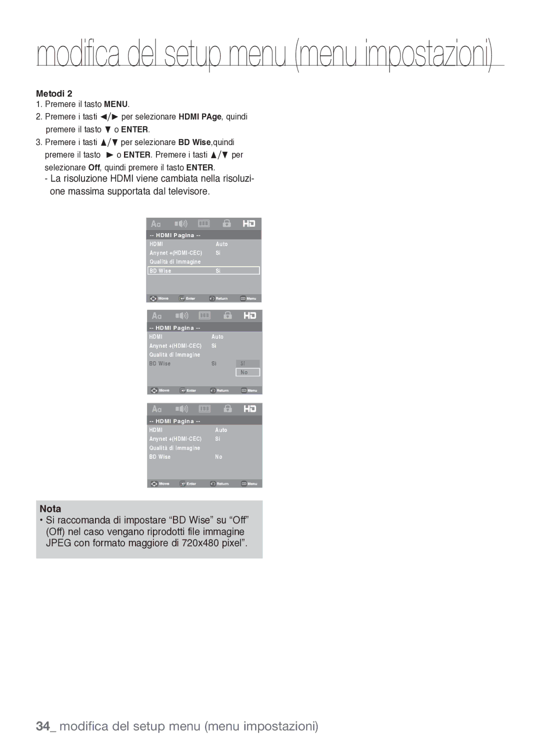 Samsung DVD-H1080/XET manual  per selezionare Hdmi PAge, quindi 