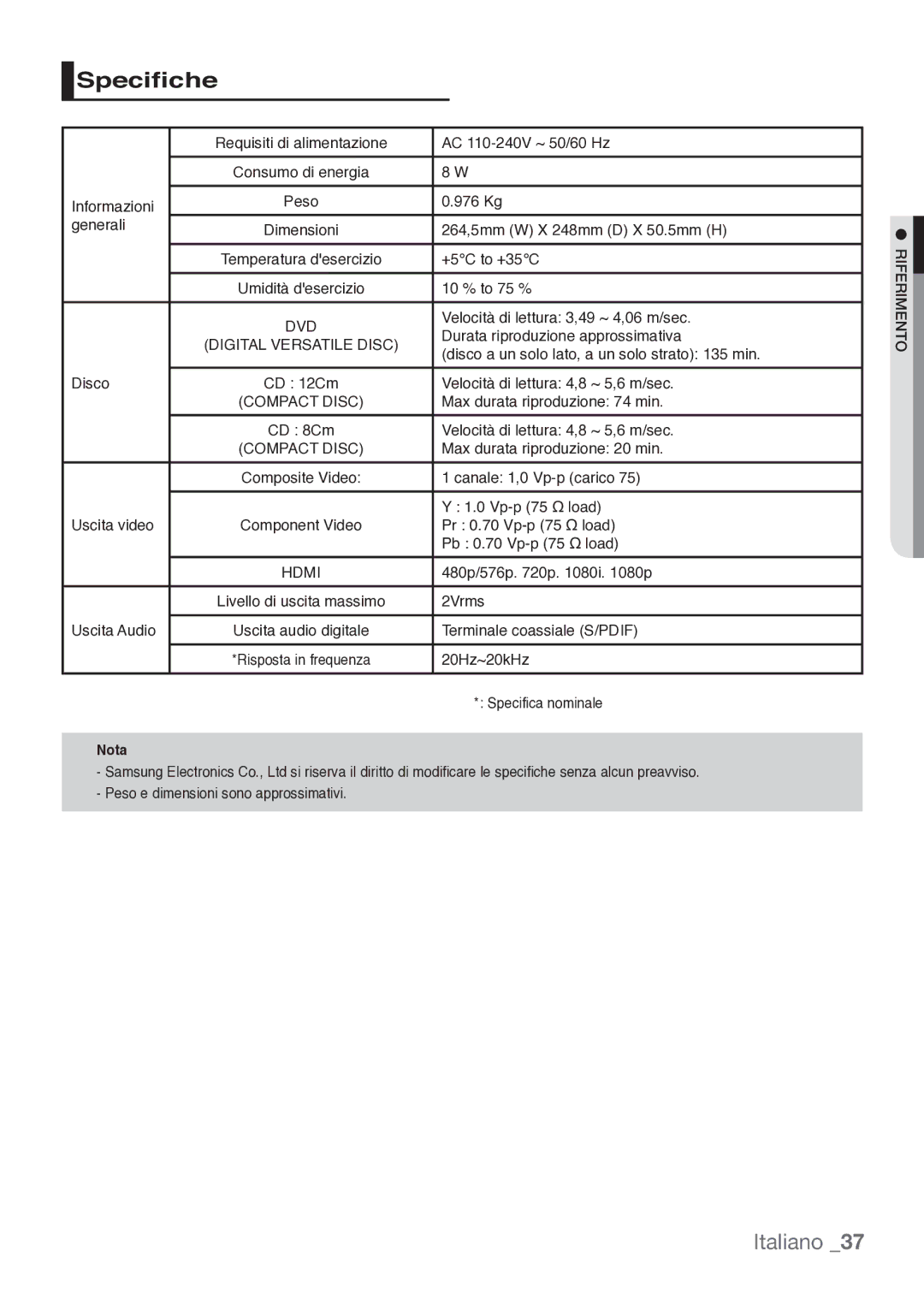 Samsung DVD-H1080/XET manual +5C to +35C, 10 % to 75 %, Velocità di lettura 4,8 ~ 5,6 m/sec, Max durata riproduzione 74 min 