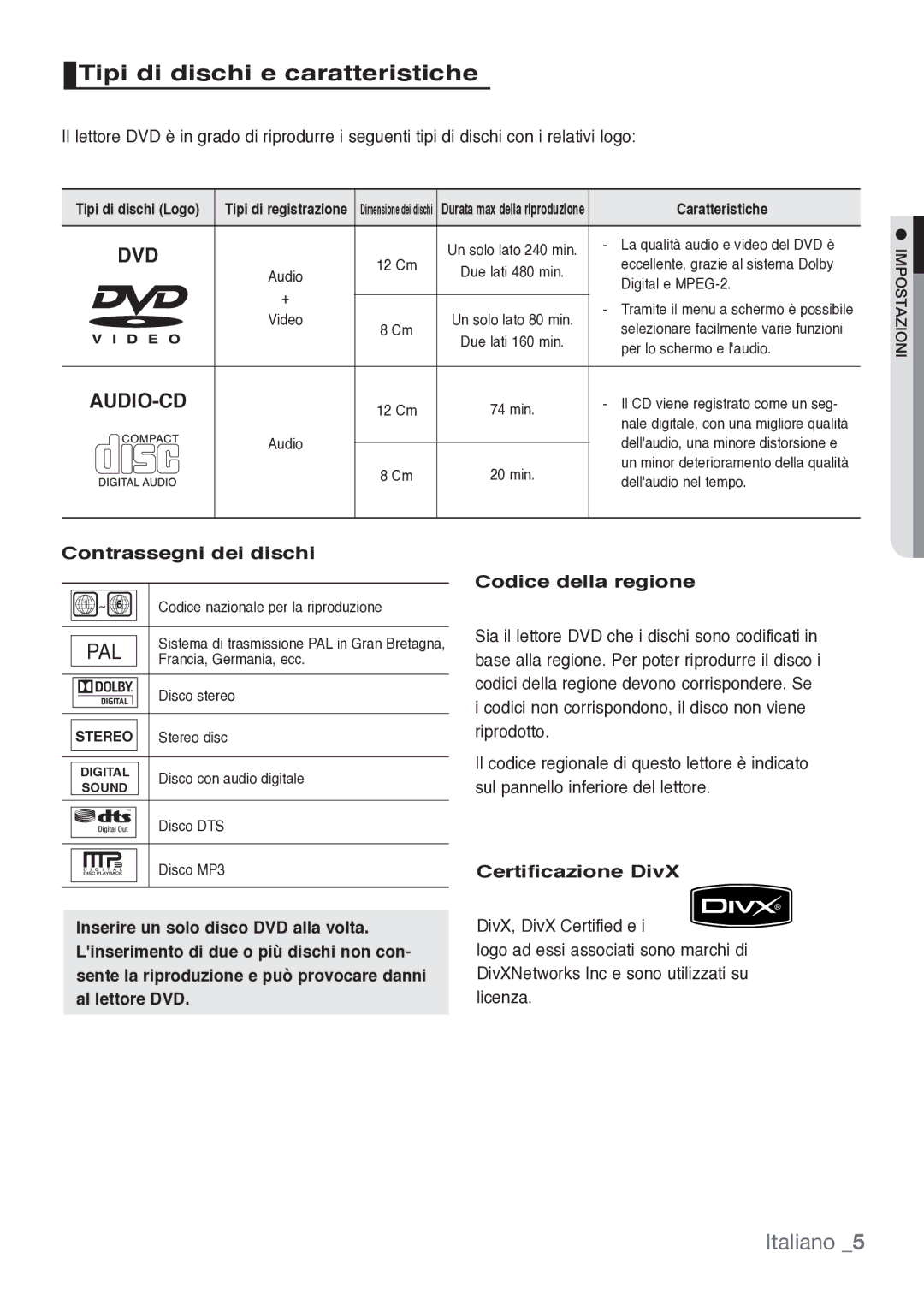 Samsung DVD-H1080/XET Tipi di dischi e caratteristiche, Contrassegni dei dischi, Certificazione DivX, Caratteristiche 