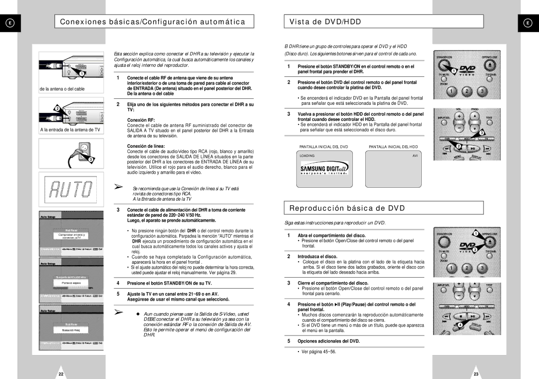 Samsung DVD-H40E/AFR manual Conexiones básicas/Configuración automática, Vista de DVD/HDD, Reproducción básica de DVD 