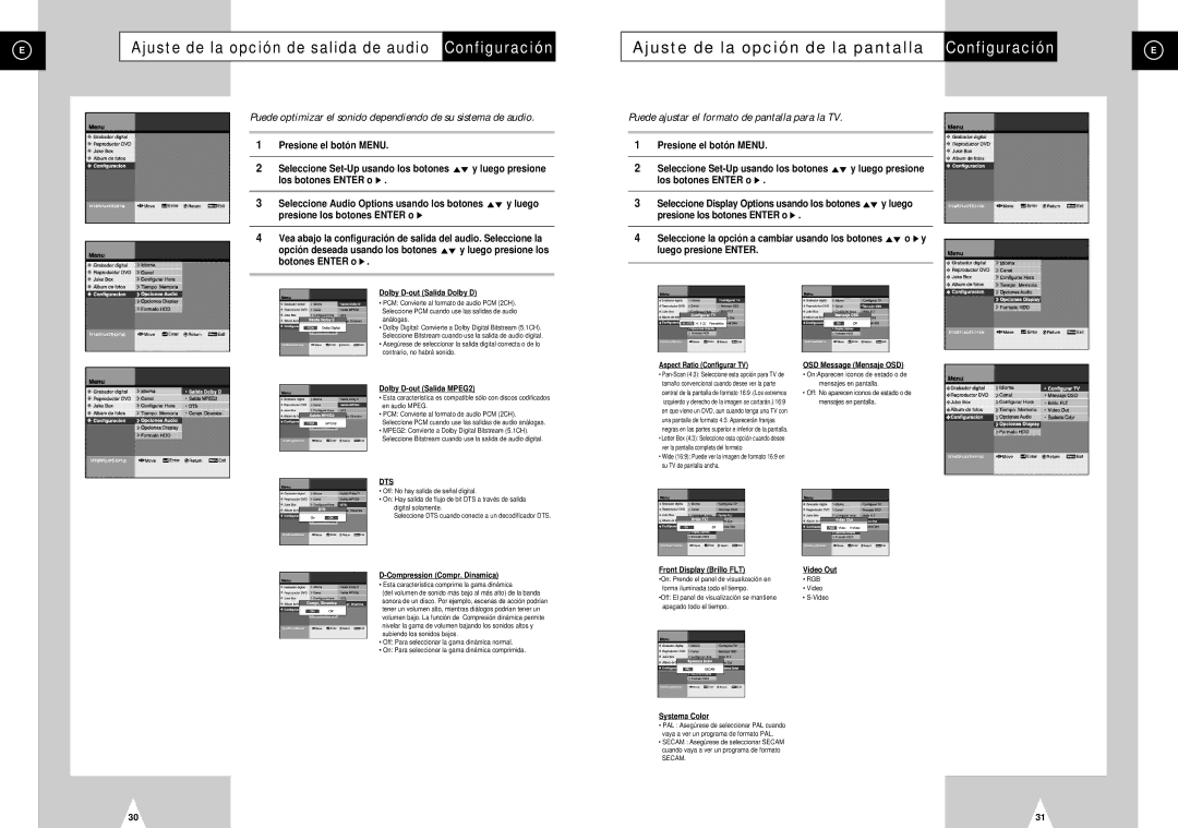 Samsung DVD-H40E/AFR manual Ajuste de la opción de salida de audio Configuración, Ajuste de la opción de la pantalla 